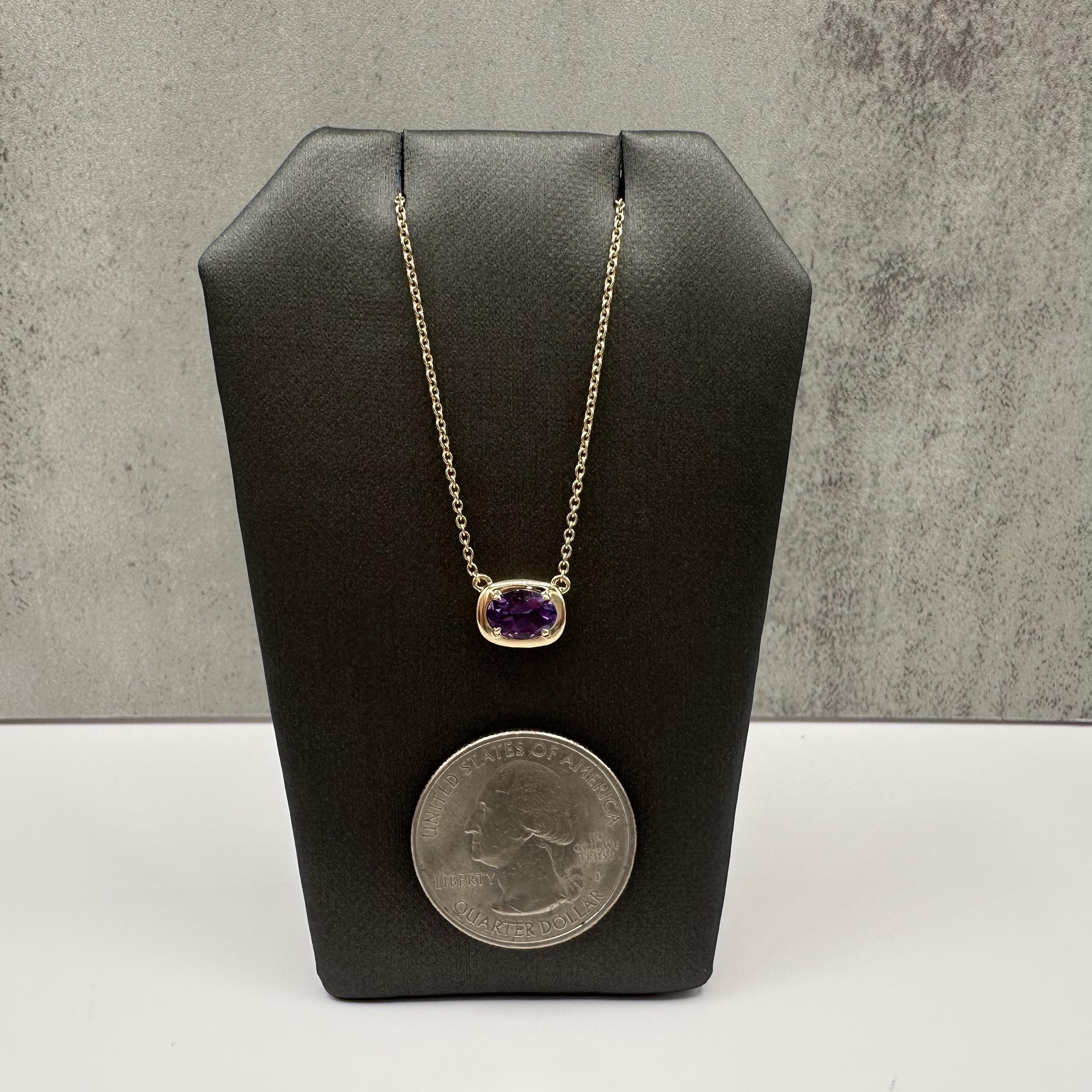 Amethyst Necklace in 14kt Yellow Gold, 0.61ct Oval Cut, Adjustable 16-18 Inches