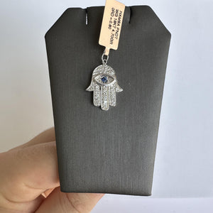 Estate Diamond and Sapphire Hamsa Pendant in 18kt White Gold - 0.80ctw Diamonds