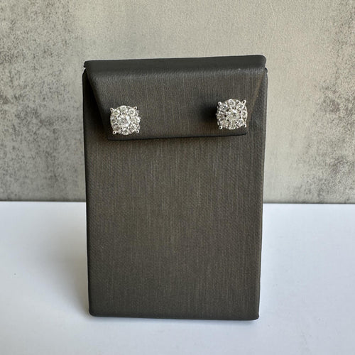 Big Diamond Cluster Studs in 10kt White Gold - 1.20ctw Natural Diamonds, 8.8mm