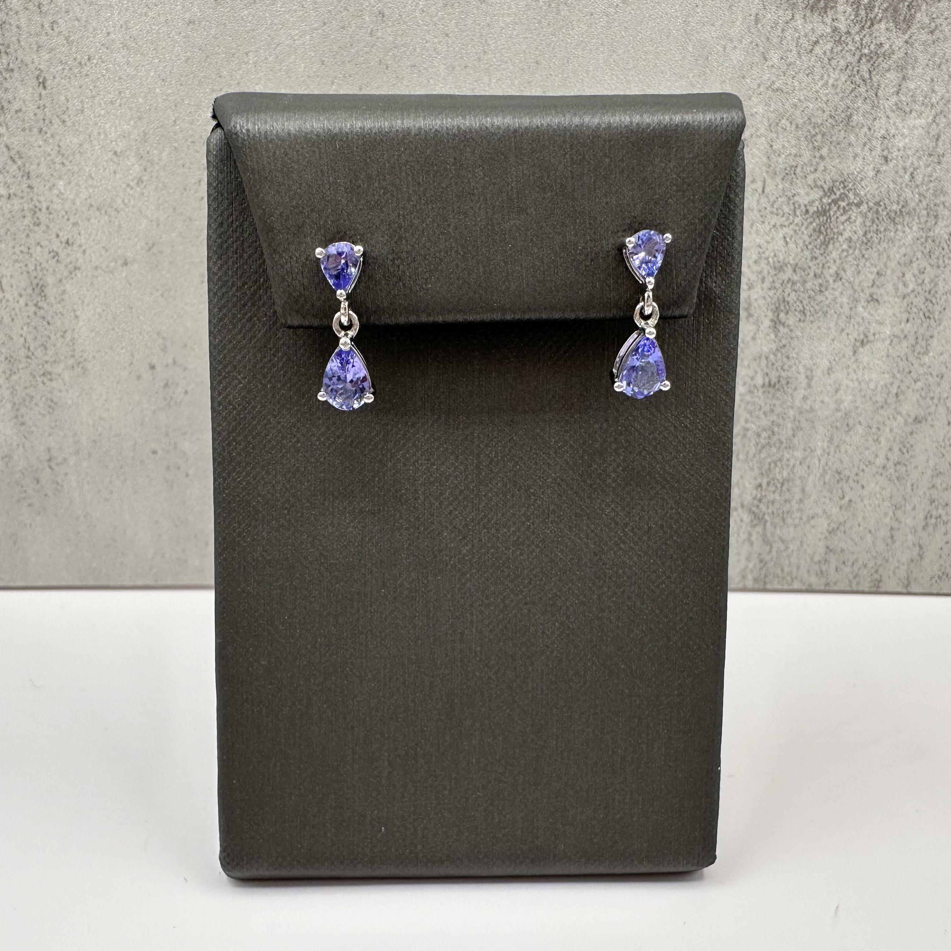Tanzanite Drop Dangle Earrings in 14kt White Gold, 1.25ctw Pear Cut, Pre-Loved