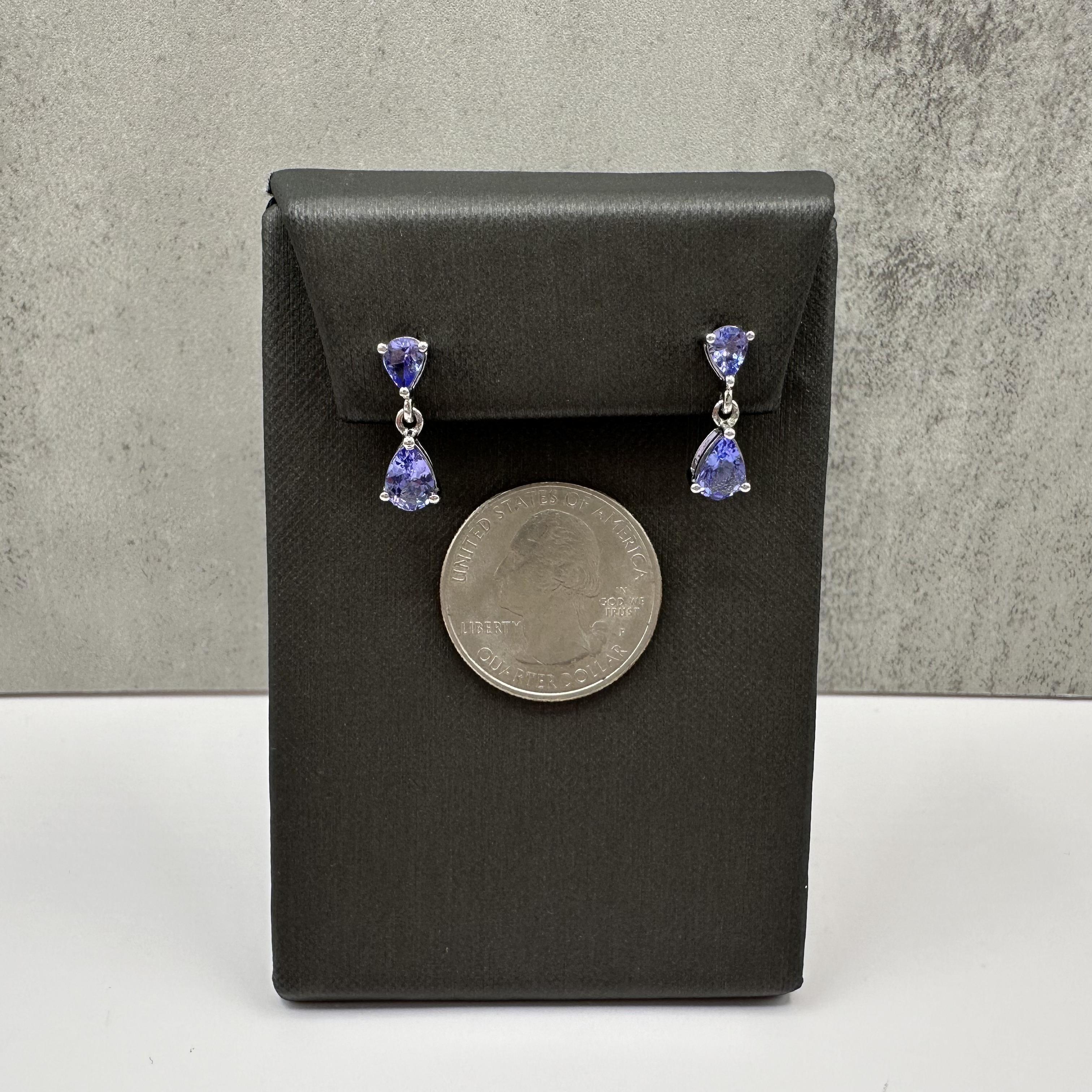Tanzanite Drop Dangle Earrings in 14kt White Gold, 1.25ctw Pear Cut, Pre-Loved