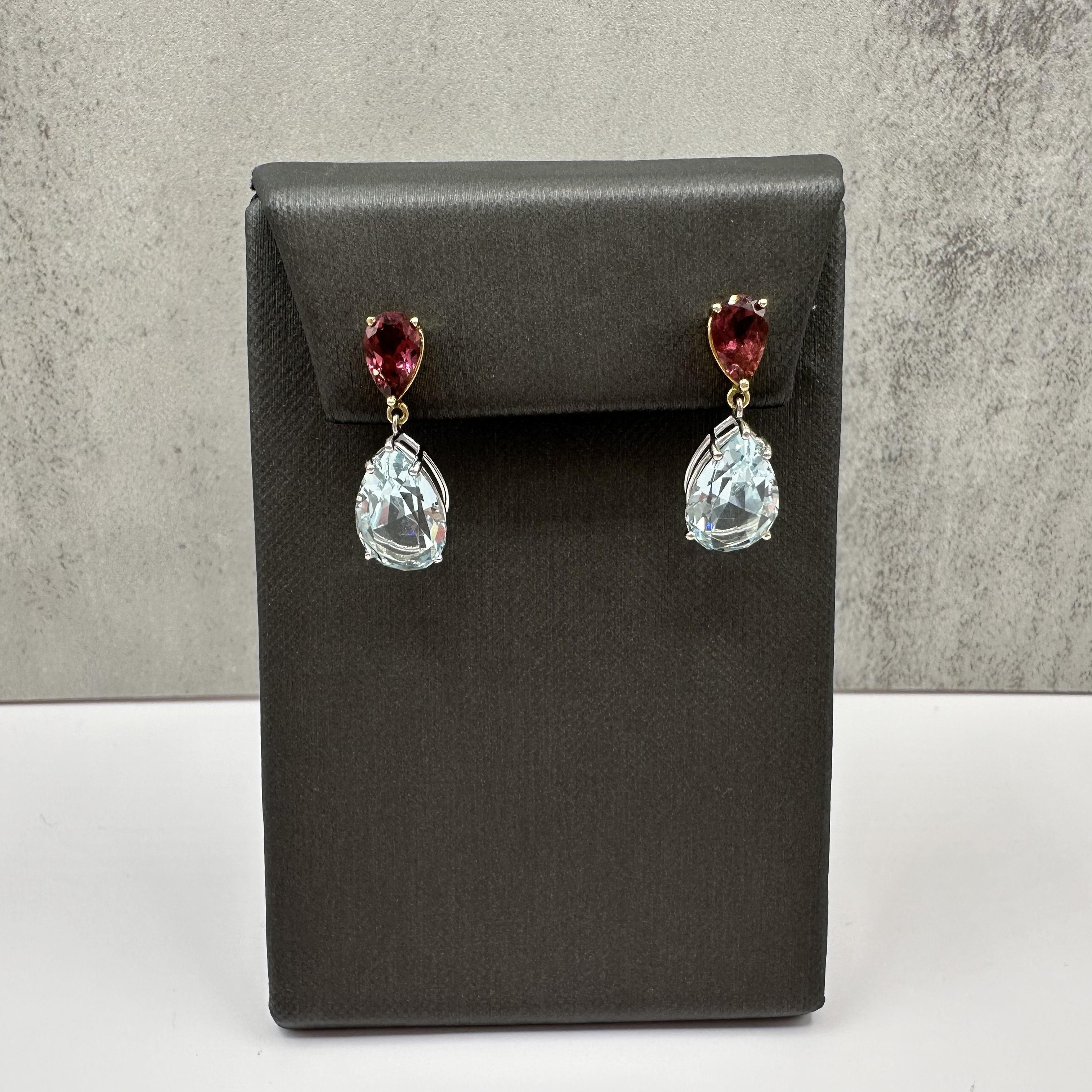 14K Two Tone Gold Aquamarine Rubellite Earrings 9.25ctw Pear