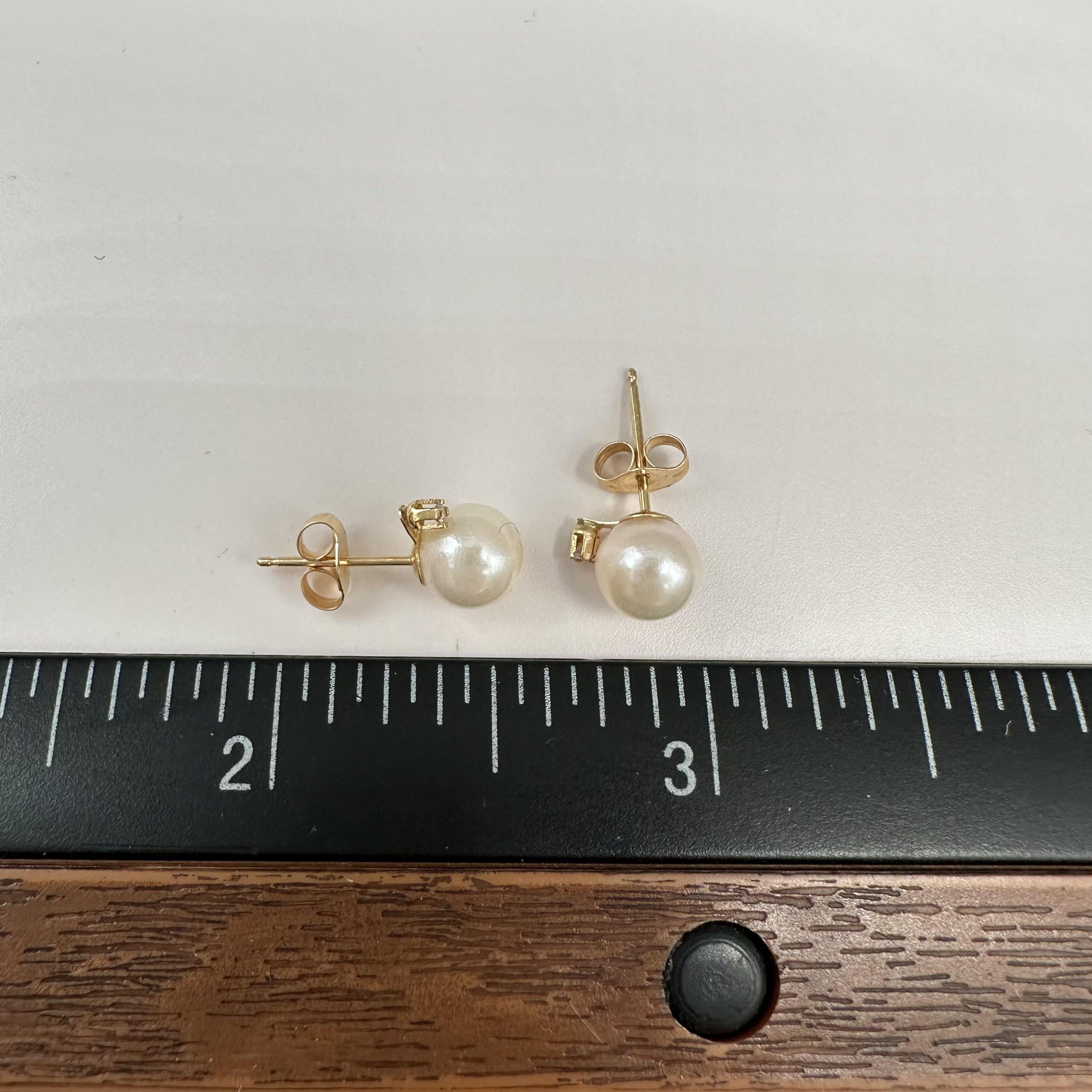 14K Yellow Gold Pearl Diamond Stud Earrings 6.3mm