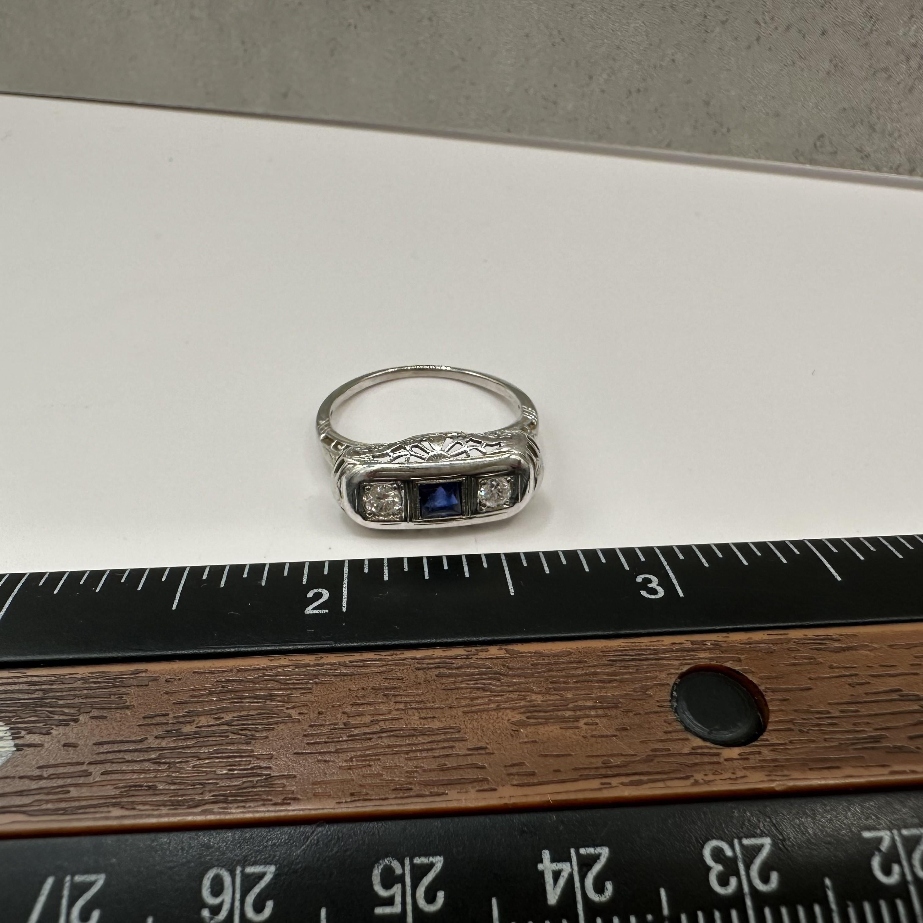 Vintage 3 Stone Diamond Sapphire Ring 18K White Gold Size 7.75