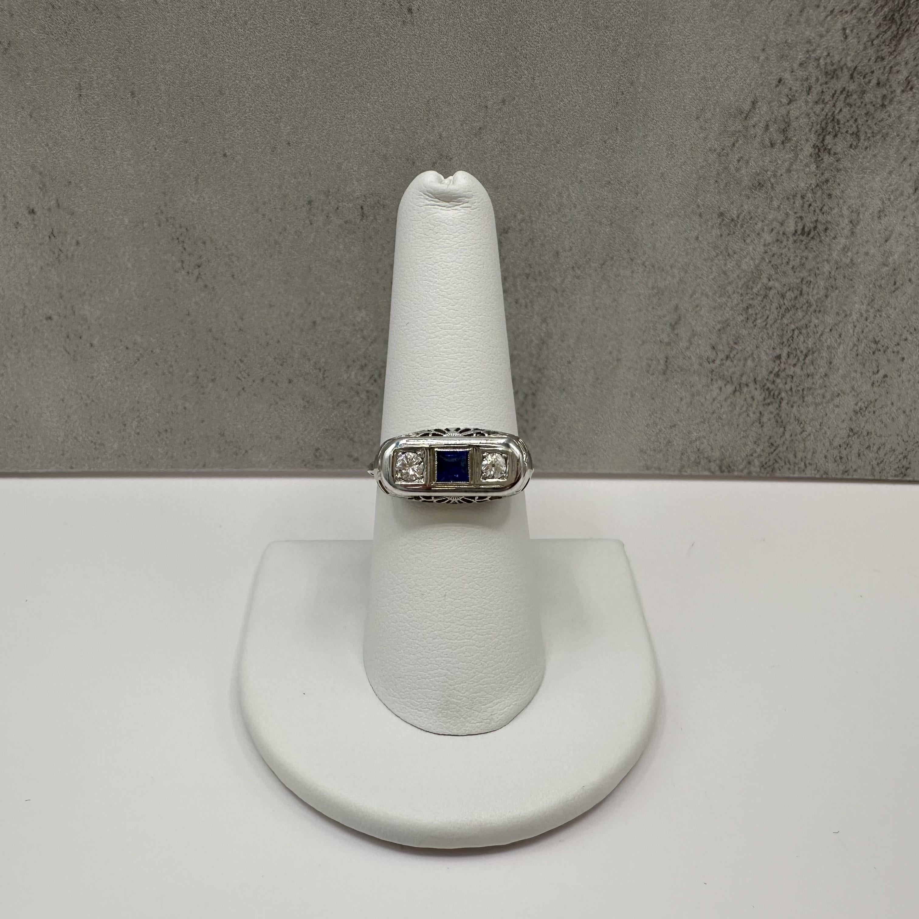 Vintage 3 Stone Diamond Sapphire Ring 18K White Gold Size 7.75