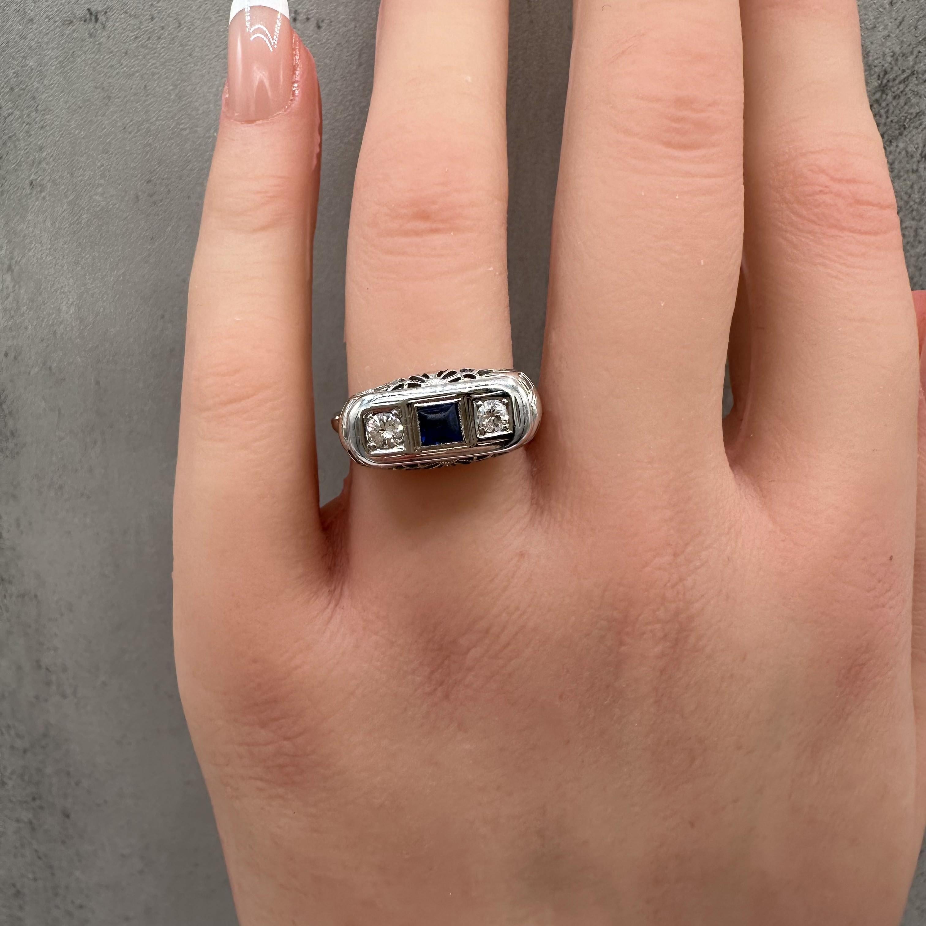 Vintage 3 Stone Diamond Sapphire Ring 18K White Gold Size 7.75