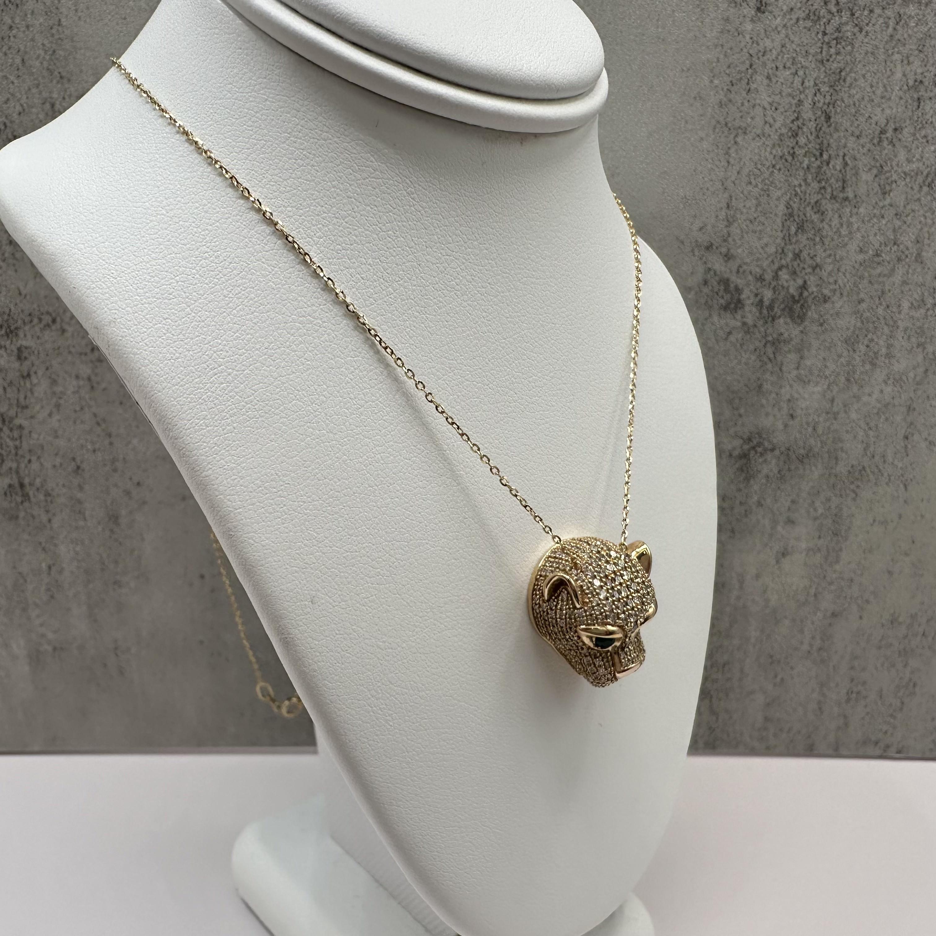 Diamond Emerald Panther Head Necklace 14K Yellow Gold 1.10ctw Diamonds