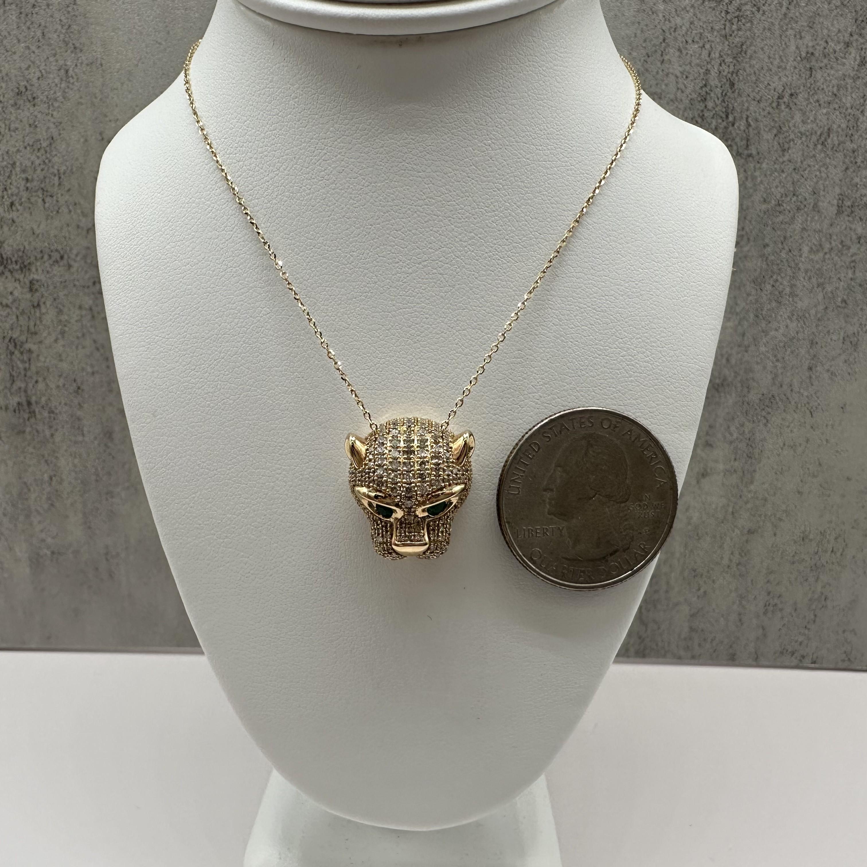 Diamond Emerald Panther Head Necklace 14K Yellow Gold 1.10ctw Diamonds