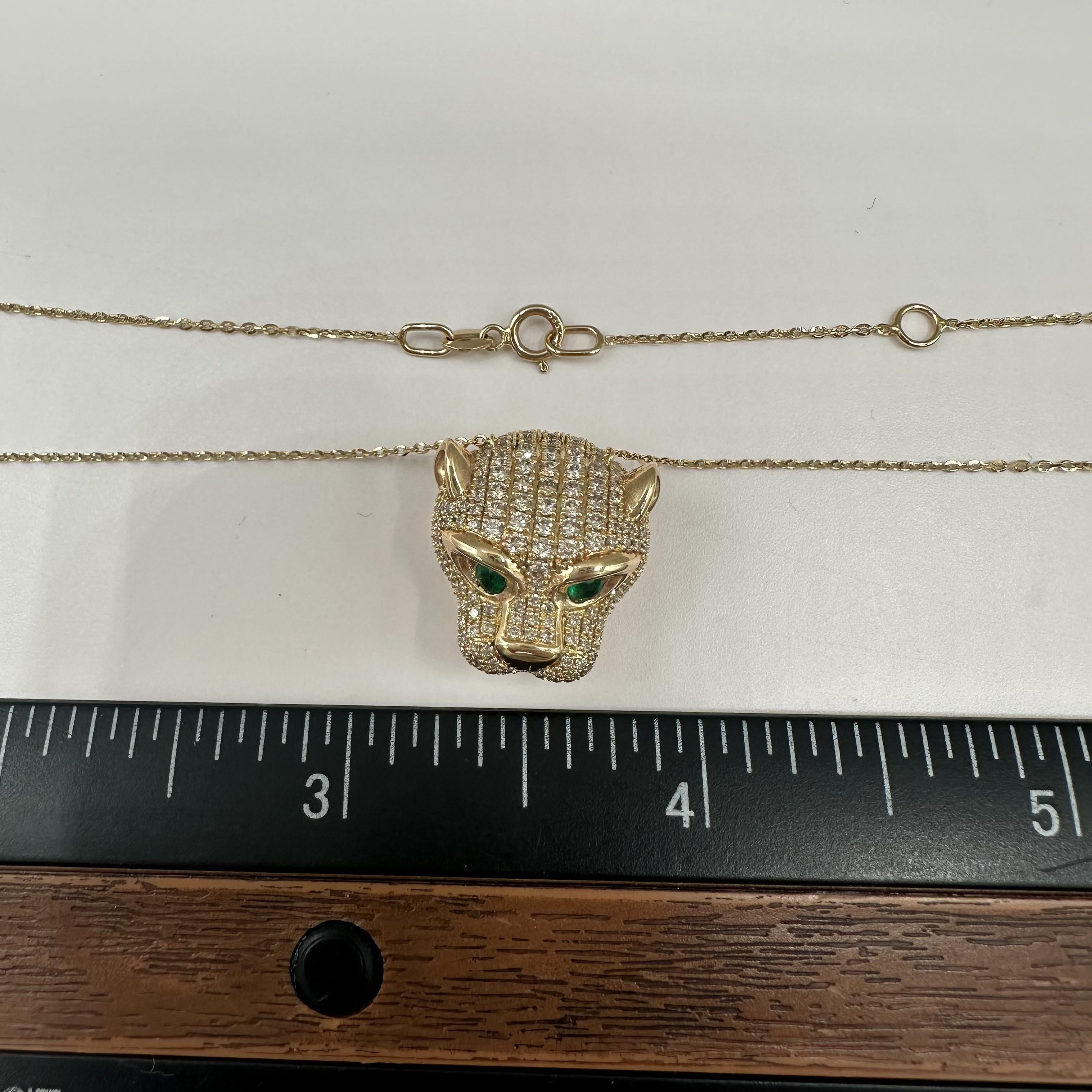 Diamond Emerald Panther Head Necklace 14K Yellow Gold 1.10ctw Diamonds