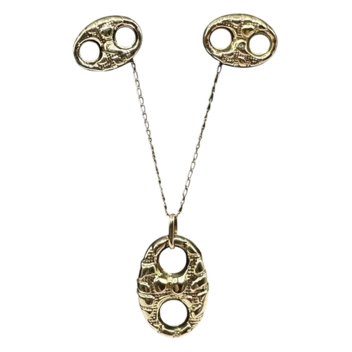 Estate Textured Puff Pendant Earrings Set 14K Yellow Gold 20in 2.6g