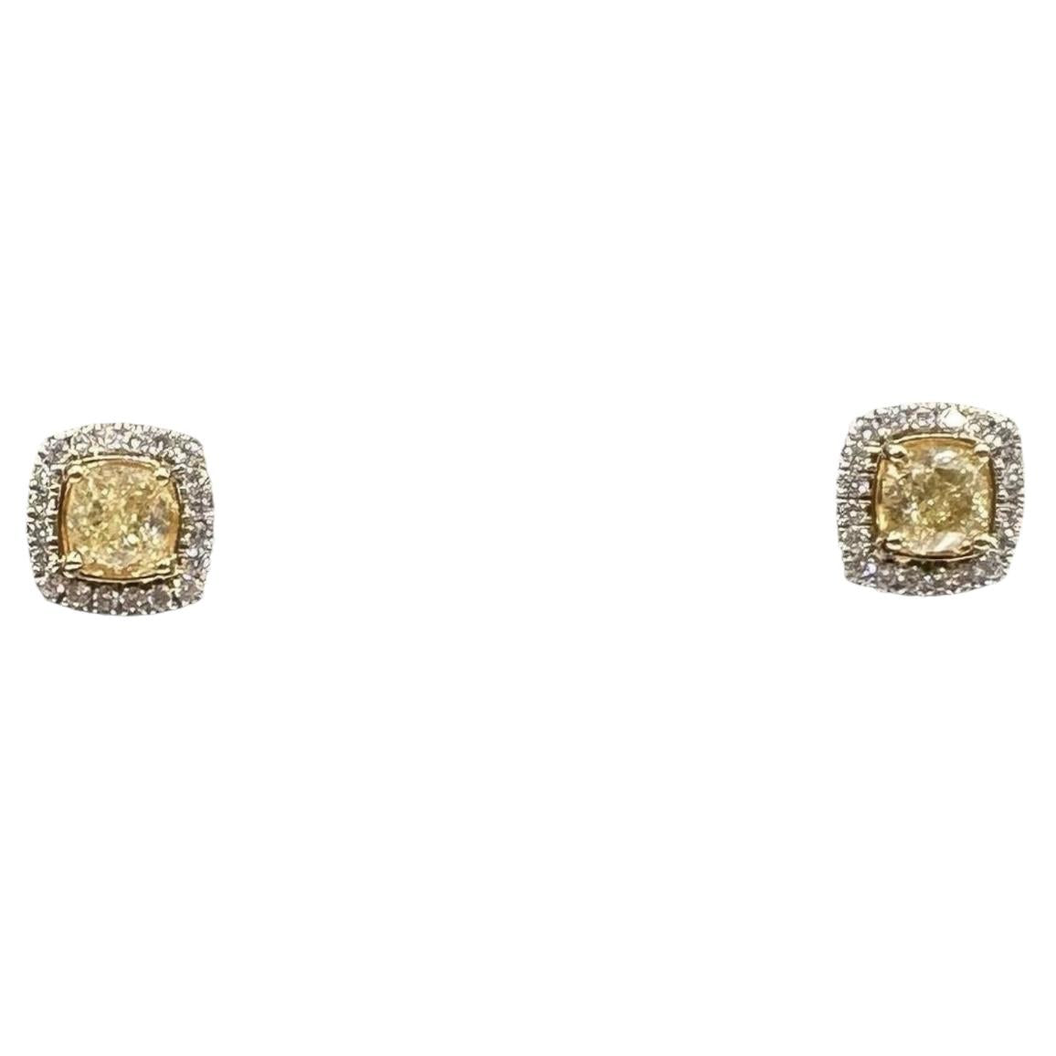 Yellow Diamond Stud Earrings 14K Two Tone Gold 0.98ctw Push Backs New
