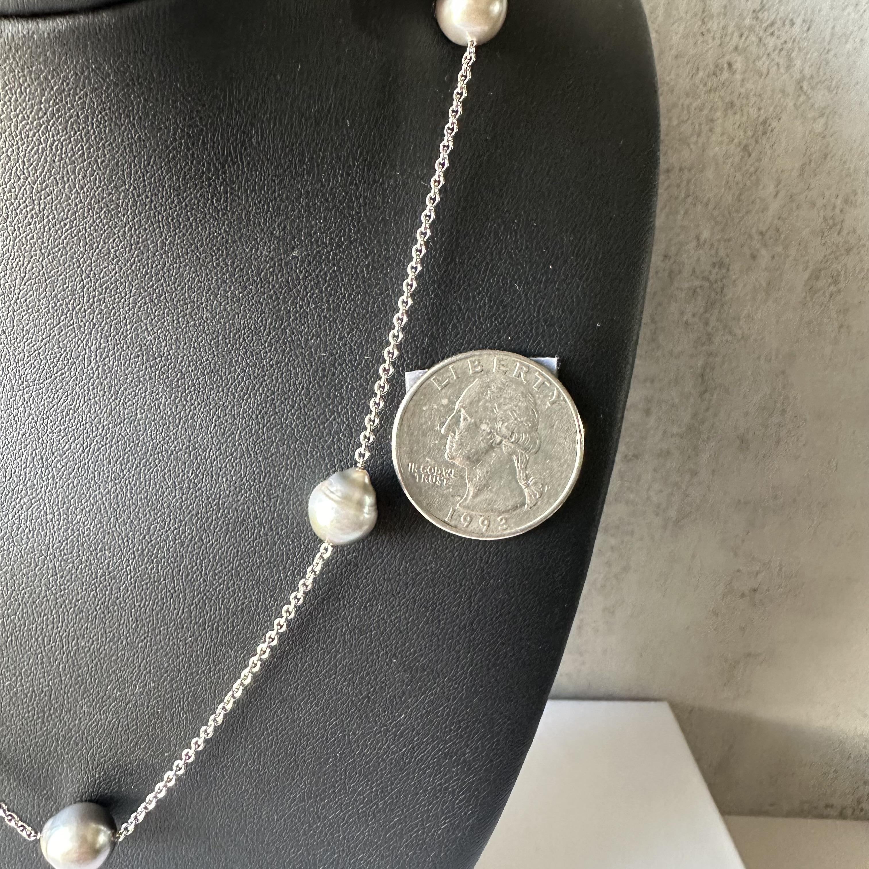 Estate Gray Silvery Pearl Station Necklace 14K White Gold Pre Loved