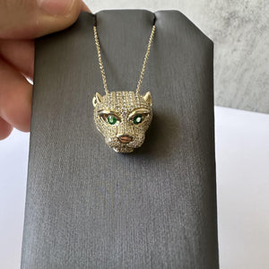 Diamond & Emerald Panther Head Necklace in 14kt Yellow Gold – 1.10ctw Diamonds