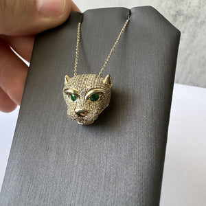 Diamond & Emerald Panther Head Necklace in 14kt Yellow Gold – 1.10ctw Diamonds