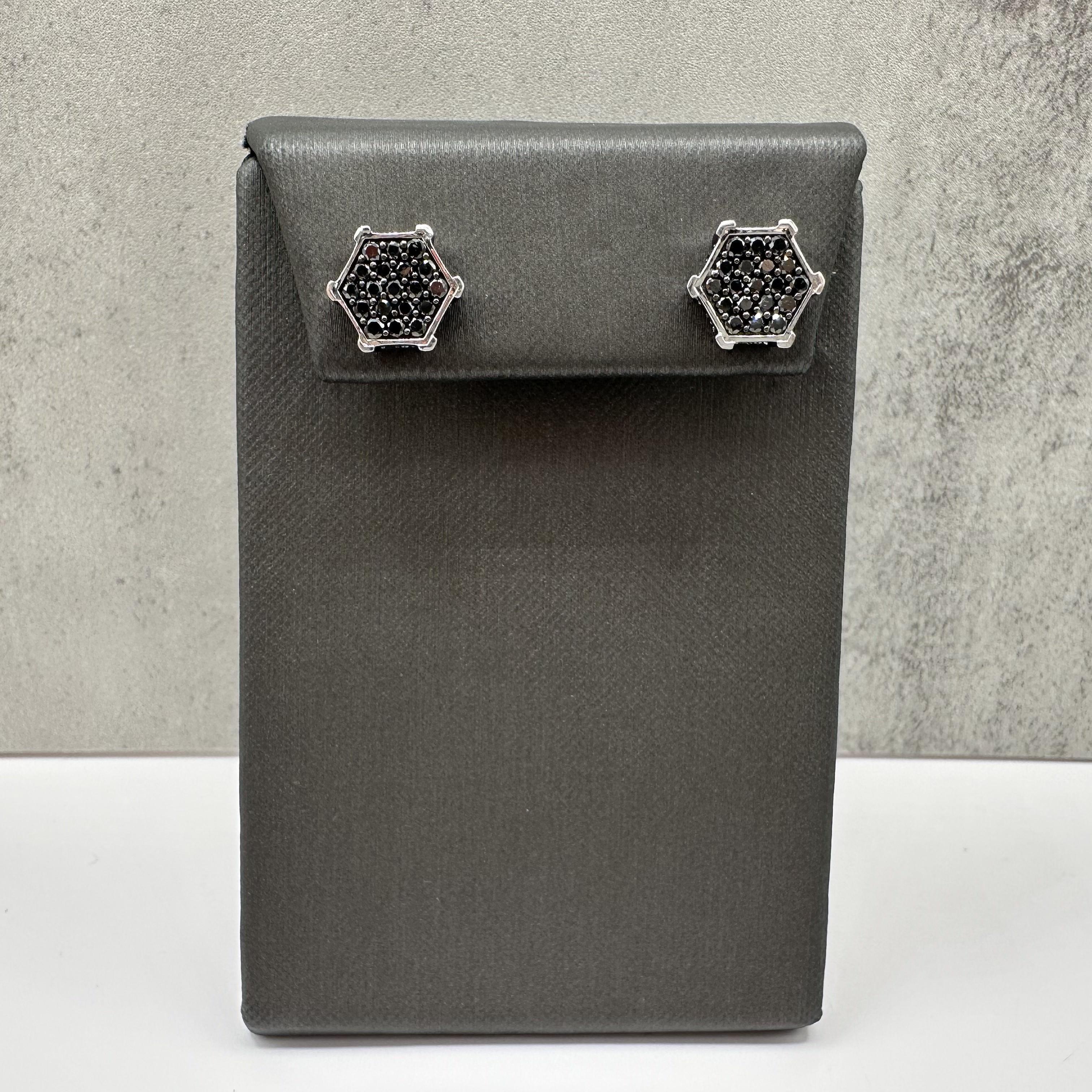 Black Diamond Hexagon Earrings Sterling Silver 1ctw Threaded Backs New