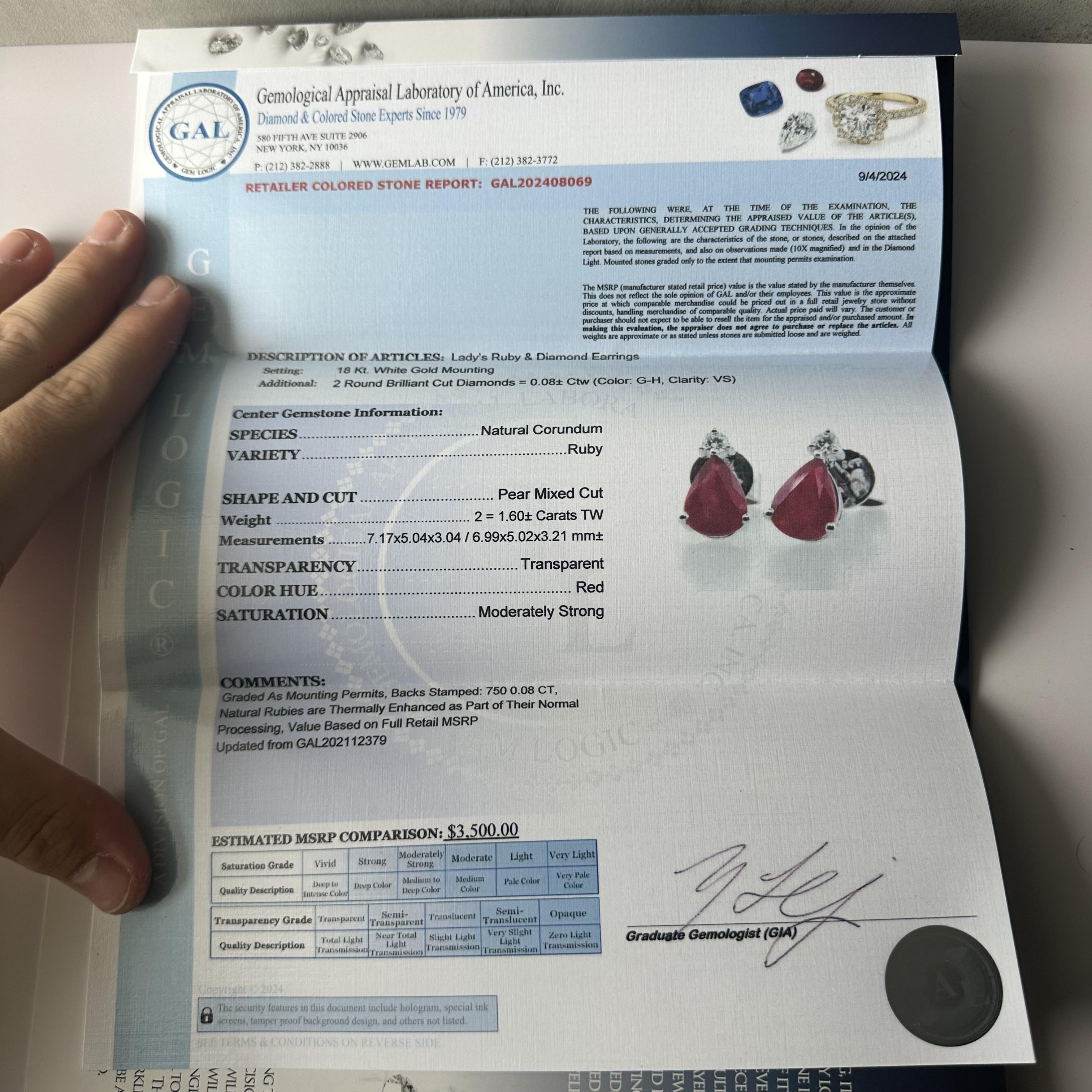 Appraised Ruby and Diamond Earrings in 18kt White Gold - 1.60ctw Pear Rubies