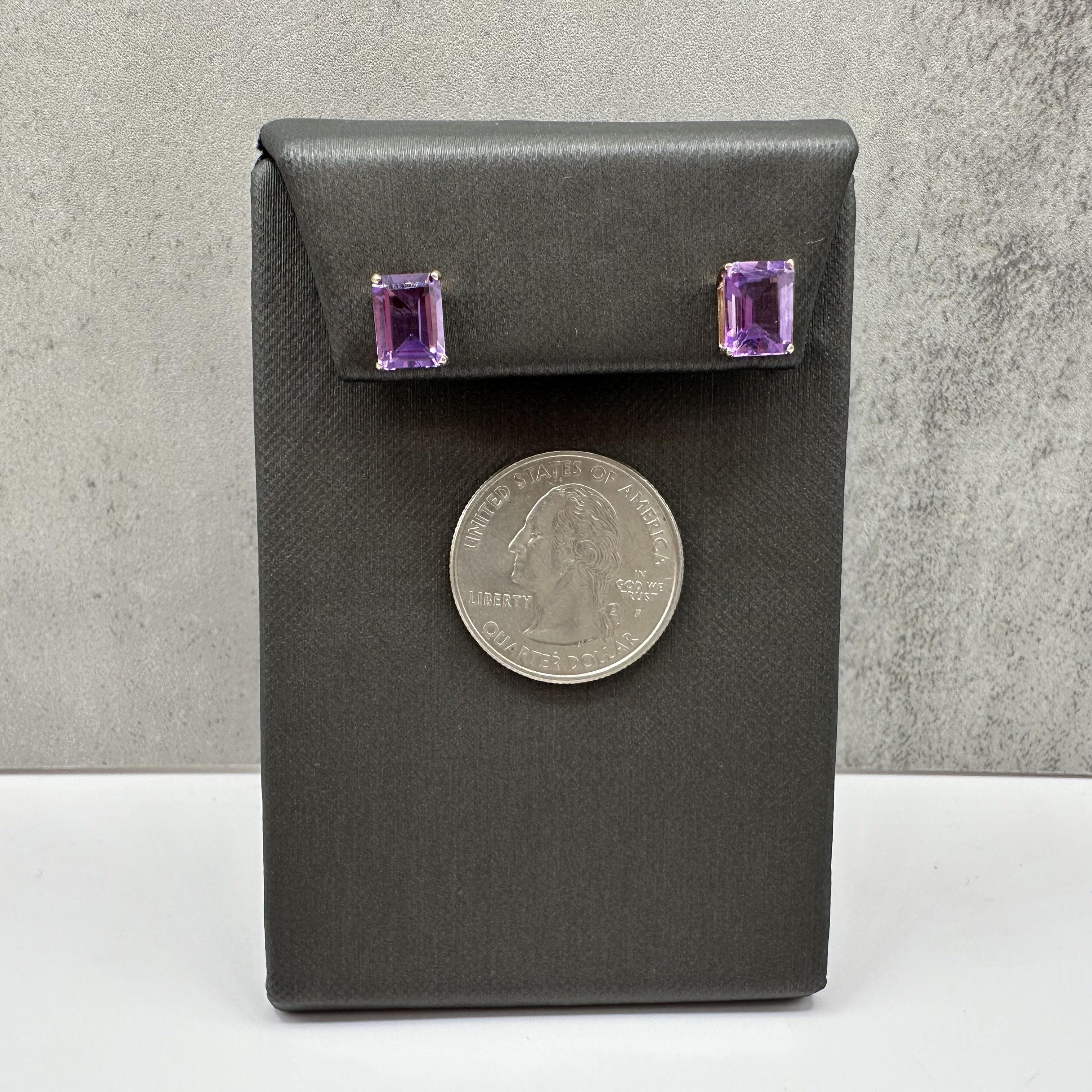 Amethyst Stud Earrings 14kt Yellow Gold 8x6mm Emerald Cut Estate