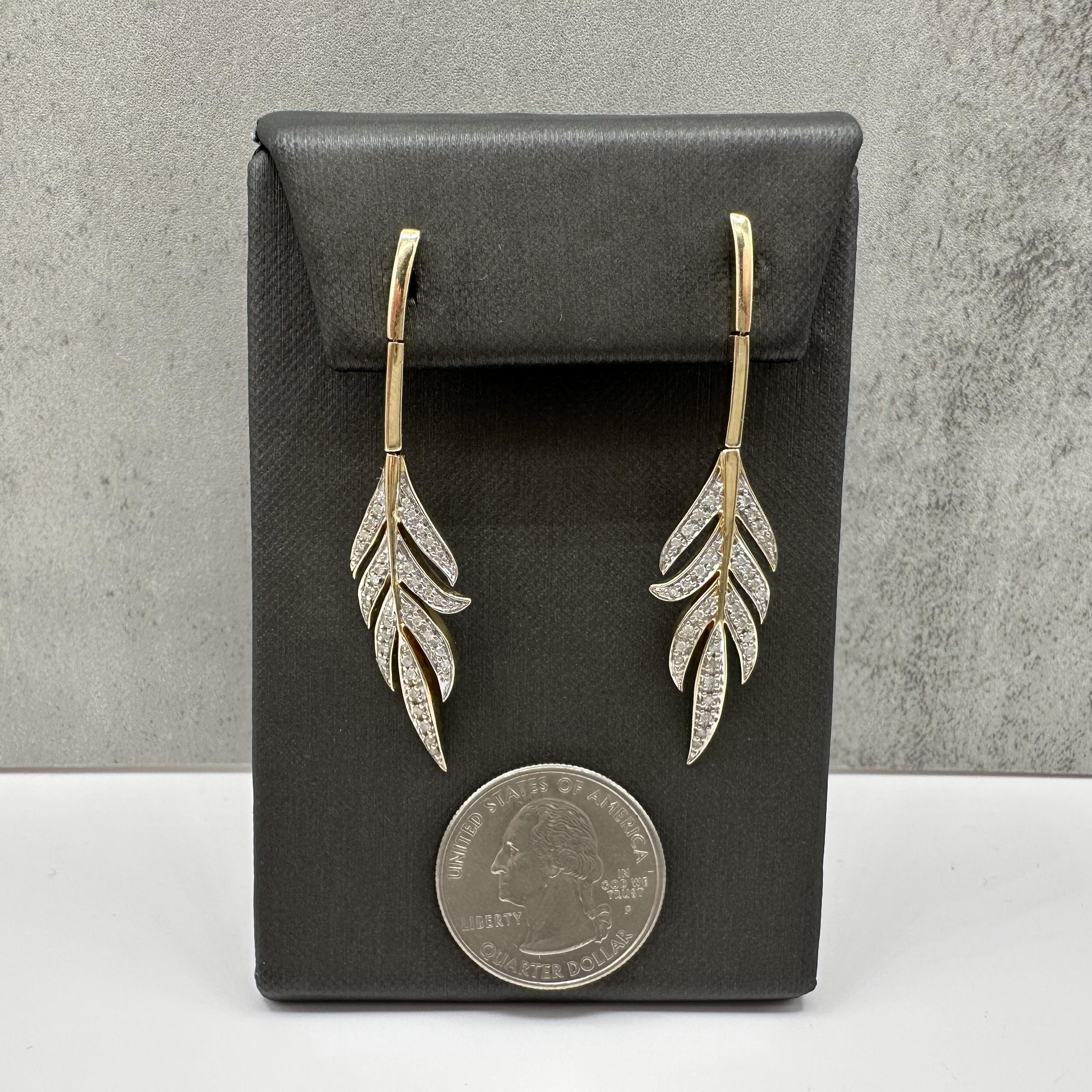 Diamond Leaf Dangle Earrings 14kt Yellow Gold 0.31ctw 2.1in 6.9g