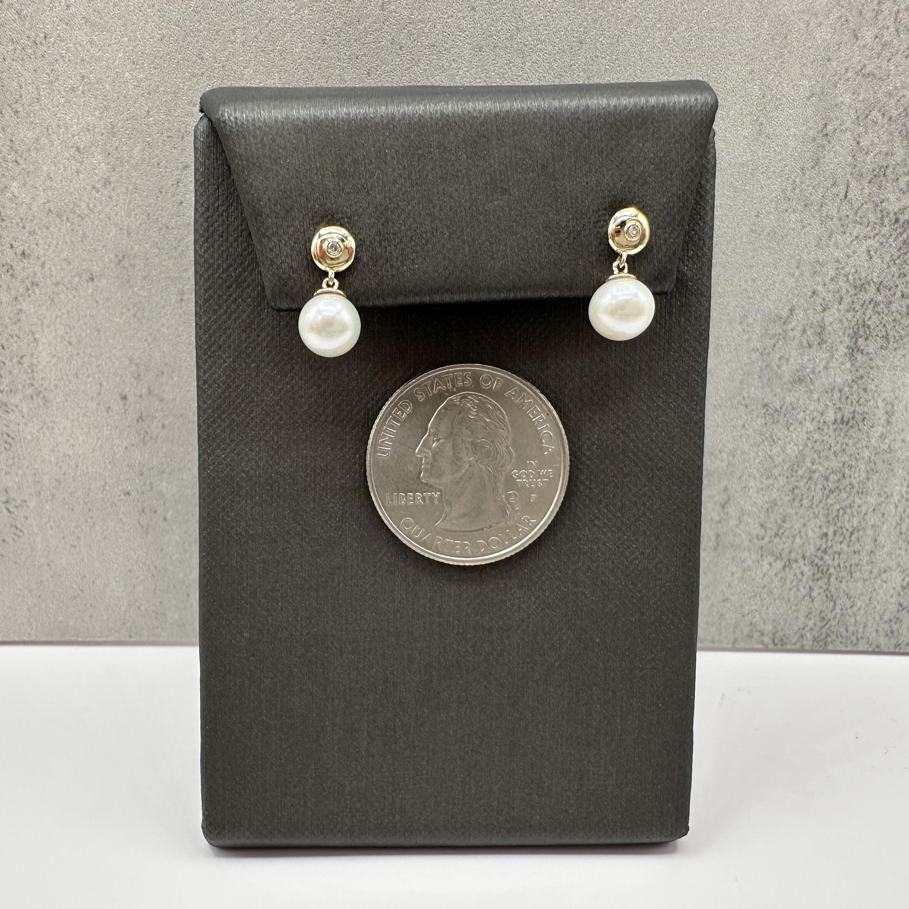 Pearl Diamond Dangle Earrings 10kt Yellow Gold 6.5mm Threaded New