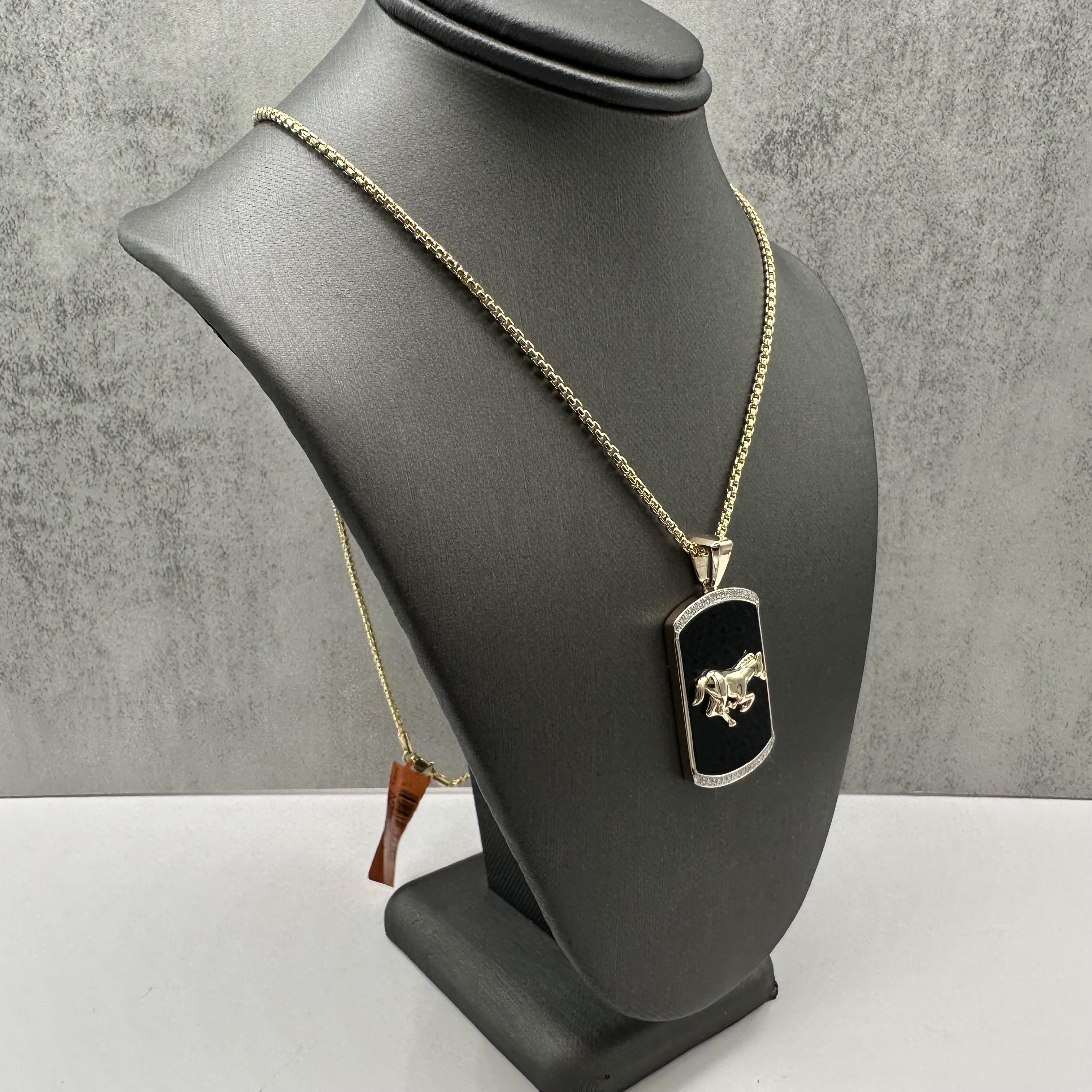 Designer Effy Mens Onyx Diamond Horse Pendant 14kt Gold 22in NWT