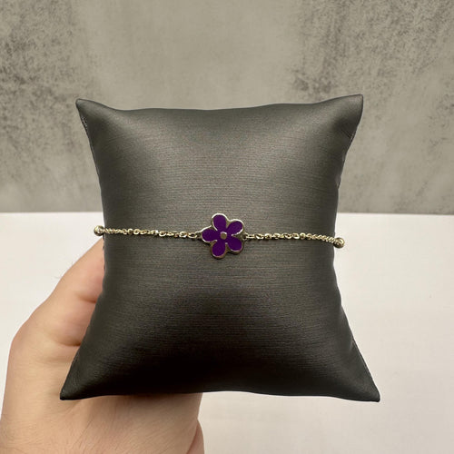 Purple Enamel Flower Bracelet in 14kt Yellow Gold – Adjustable, New