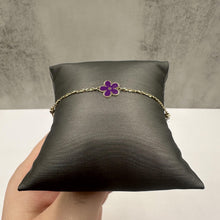 Load image into Gallery viewer, Purple Enamel Flower Bracelet in 14kt Yellow Gold – Adjustable, New
