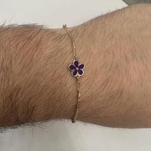 Purple Enamel Flower Bracelet in 14kt Yellow Gold – Adjustable, New