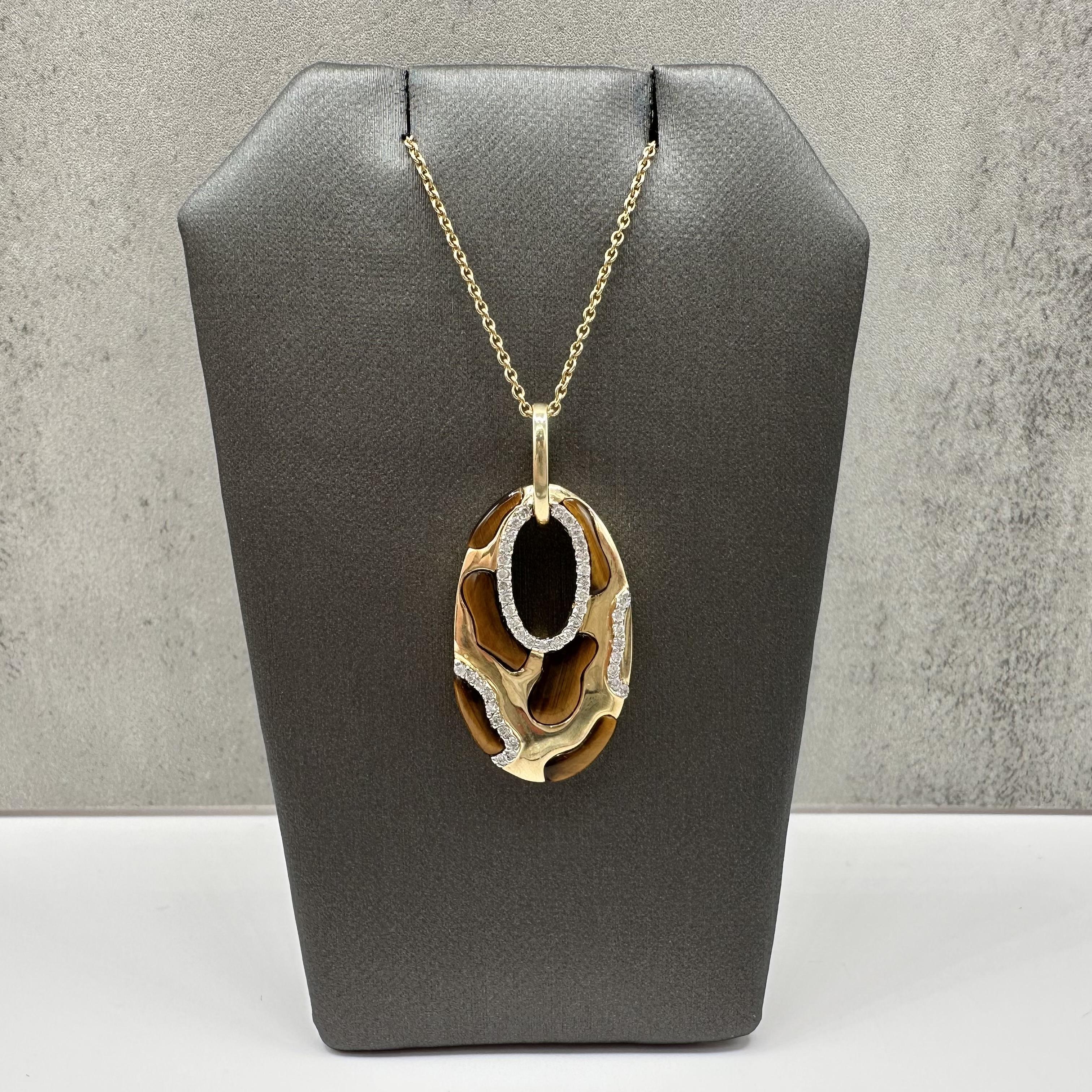 Diamond Tigers Eye Pendant Necklace 14kt Yellow Gold 0.25ctw Estate