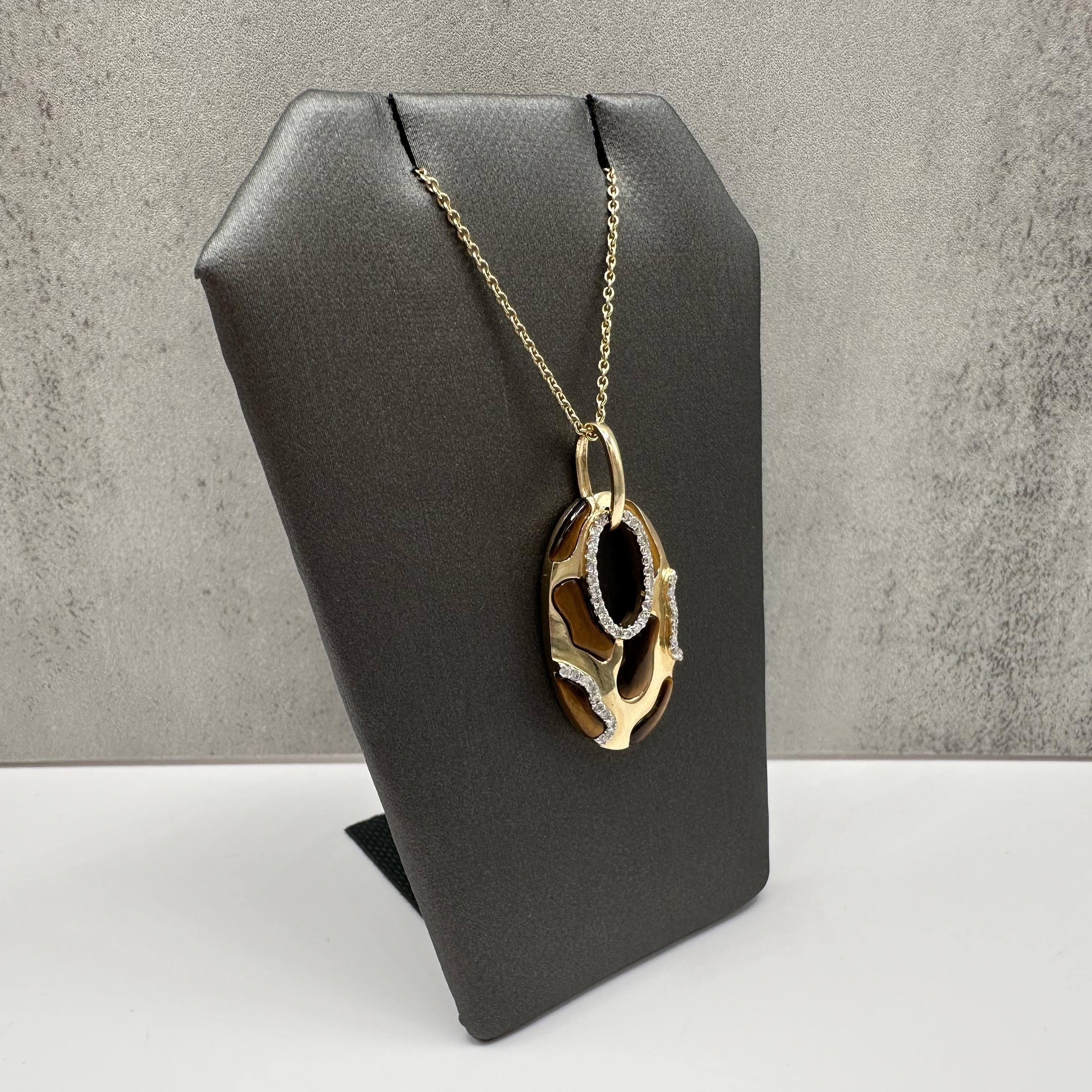 Diamond Tigers Eye Pendant Necklace 14kt Yellow Gold 0.25ctw Estate
