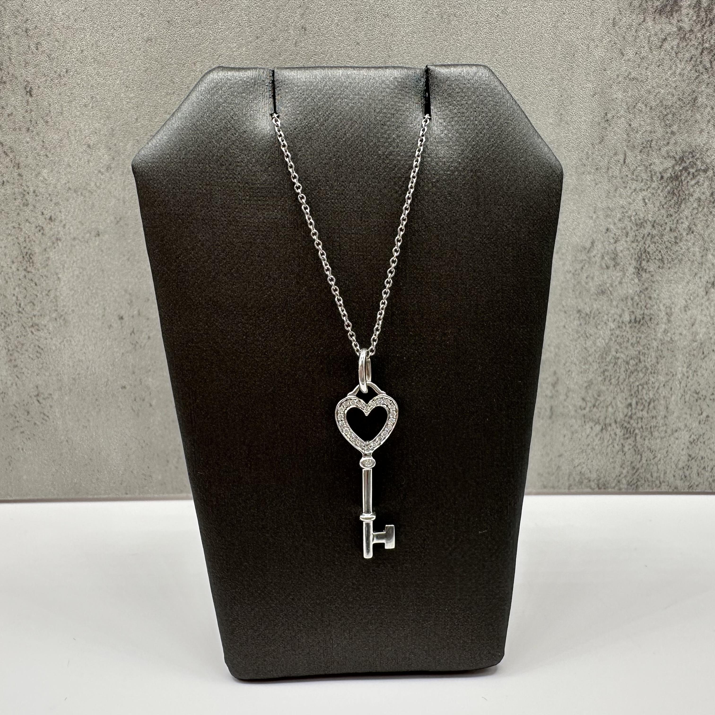 Designer Tiffany Diamond Heart Key Necklace 18kt White Gold 0.12ctw