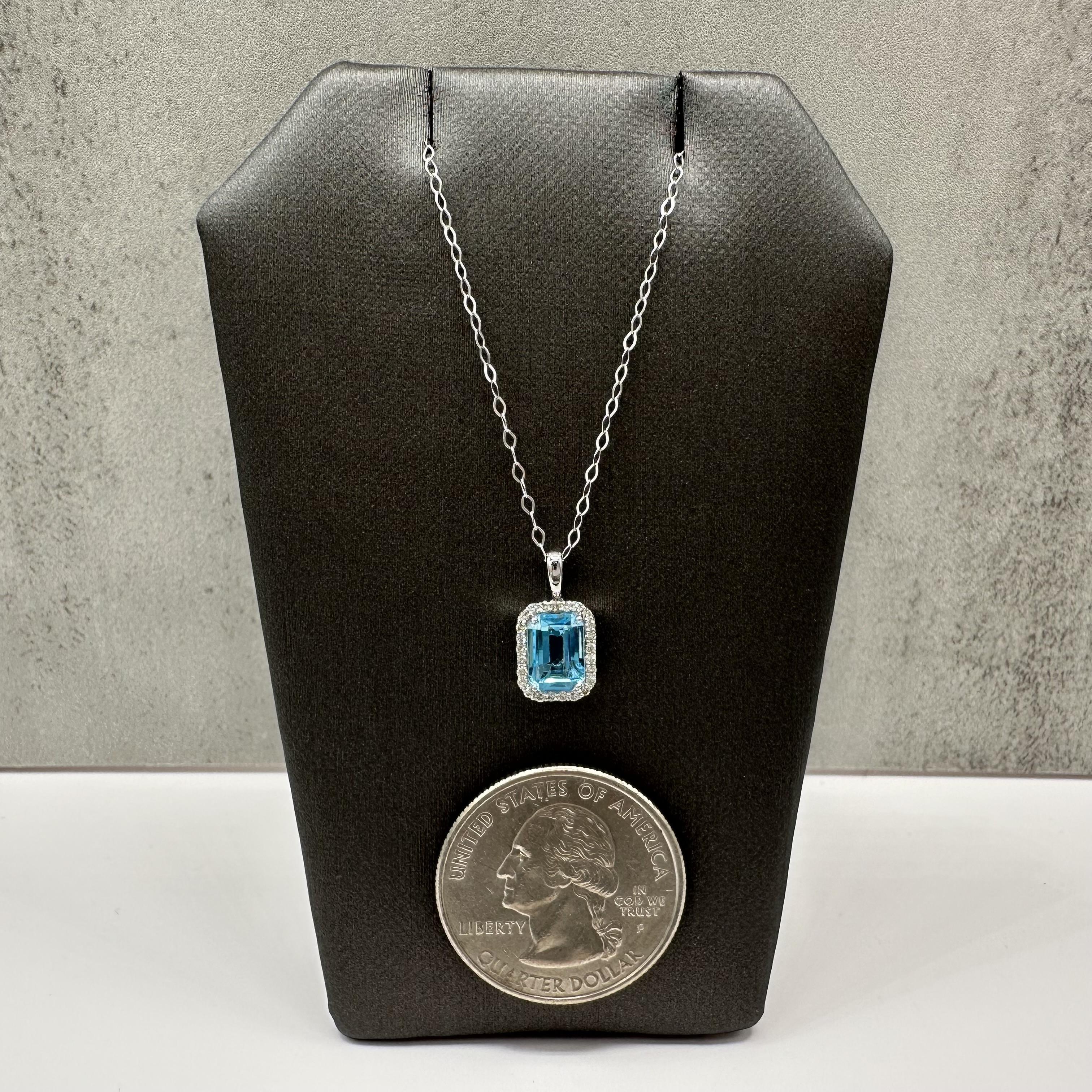 Blue Topaz Diamond Necklace 14kt White Gold Emerald Cut 0.13ctw New