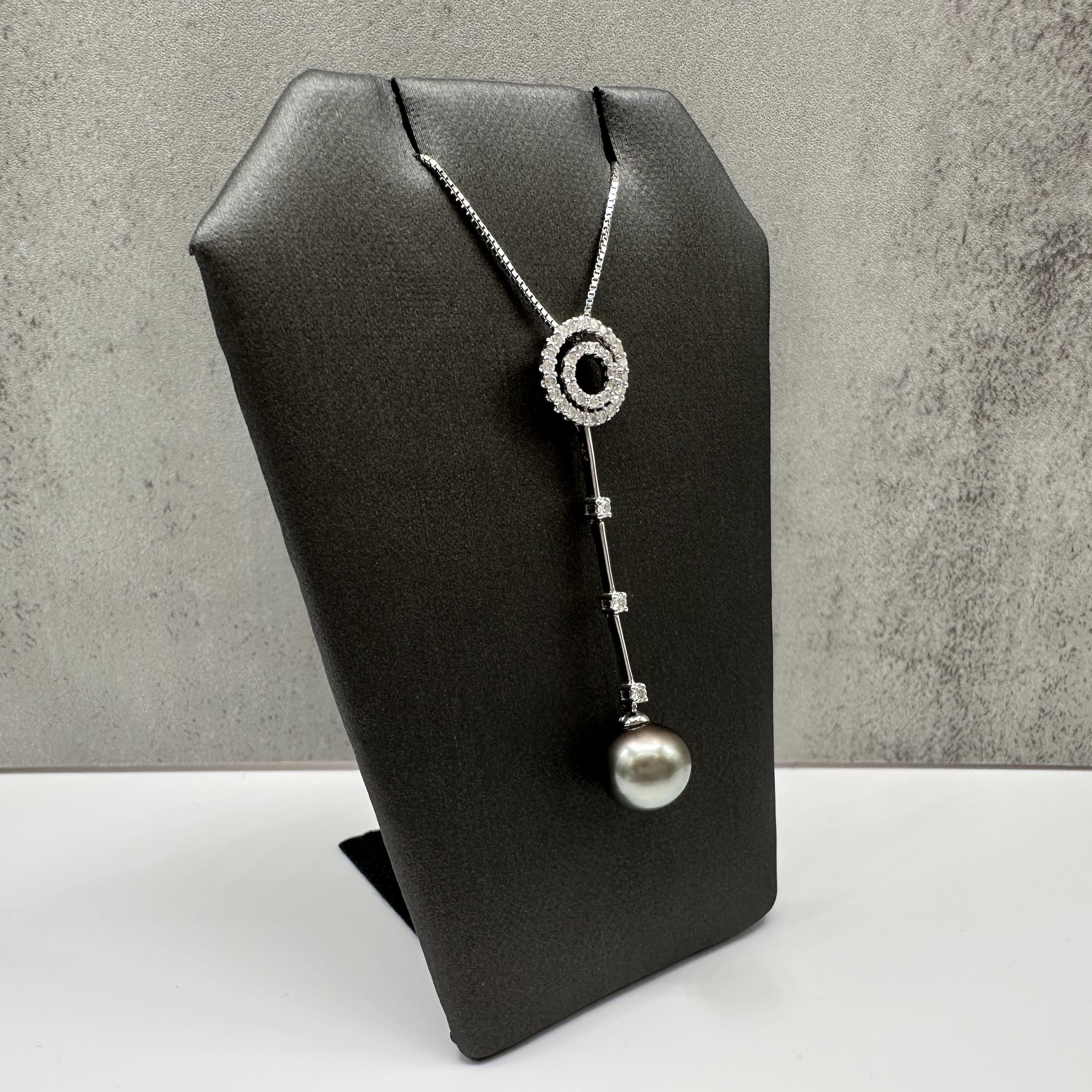 Pearl Diamond Drop Necklace 14kt White Gold 9.4mm Estate