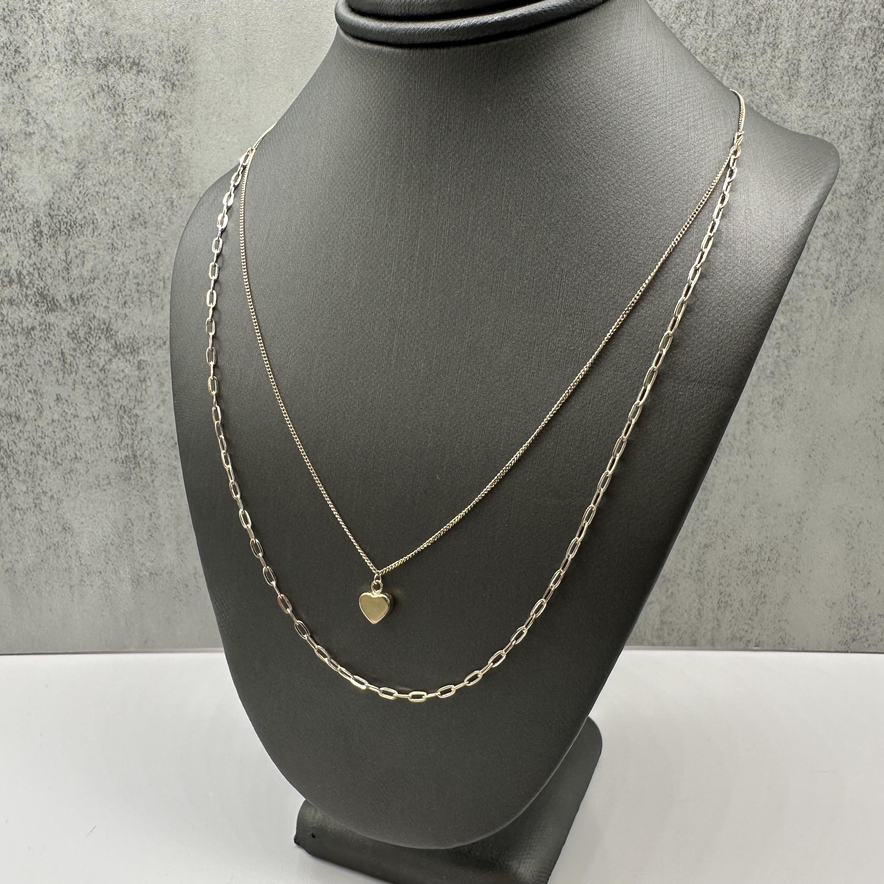 Two Layer Heart Necklace 10kt Yellow Gold Paperclip Chain New
