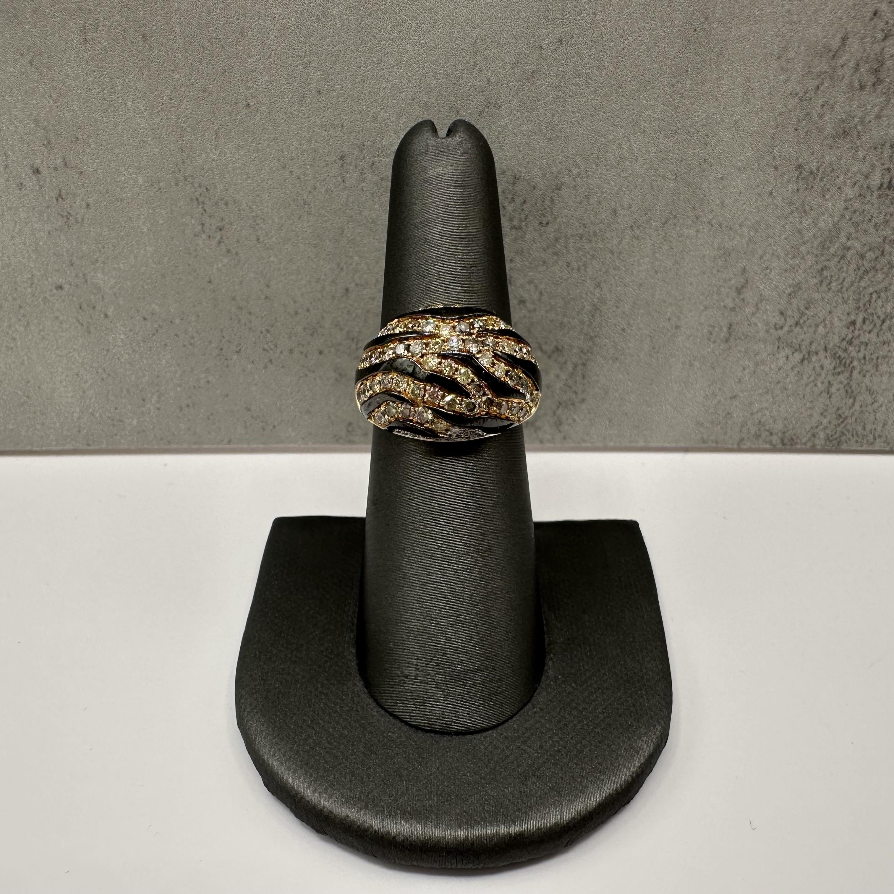 Diamond Enamel Animal Stripe Dome Ring 14kt Yellow Gold Estate