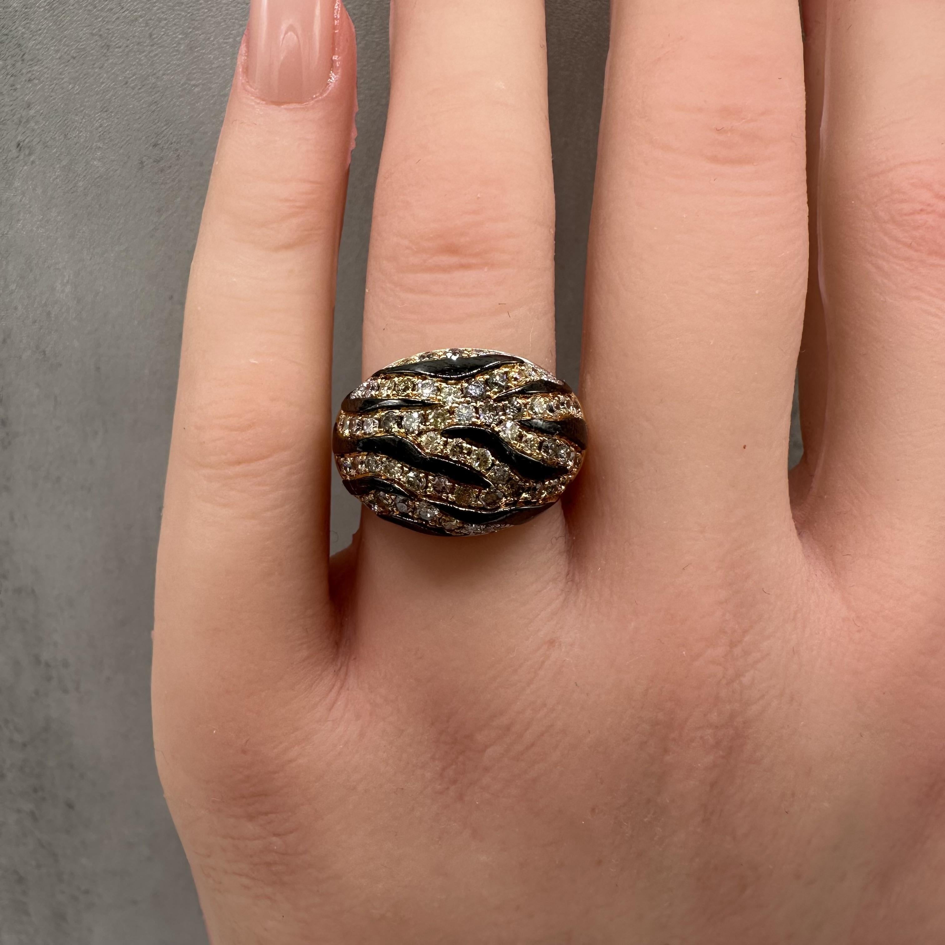 Diamond Enamel Animal Stripe Dome Ring 14kt Yellow Gold Estate