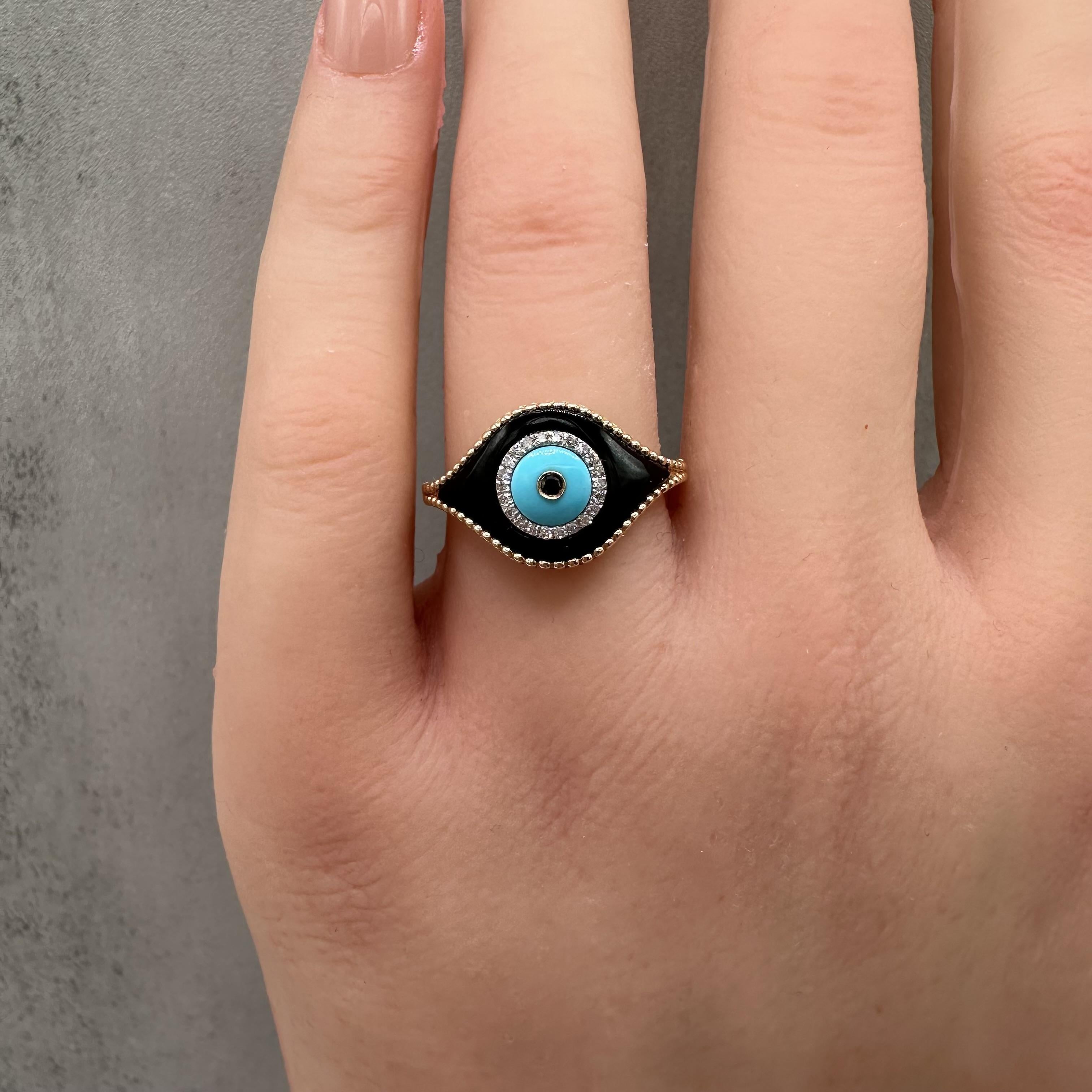 Designer Effy Diamond Onyx Turquoise Evil Eye Ring 14kt Gold NWT