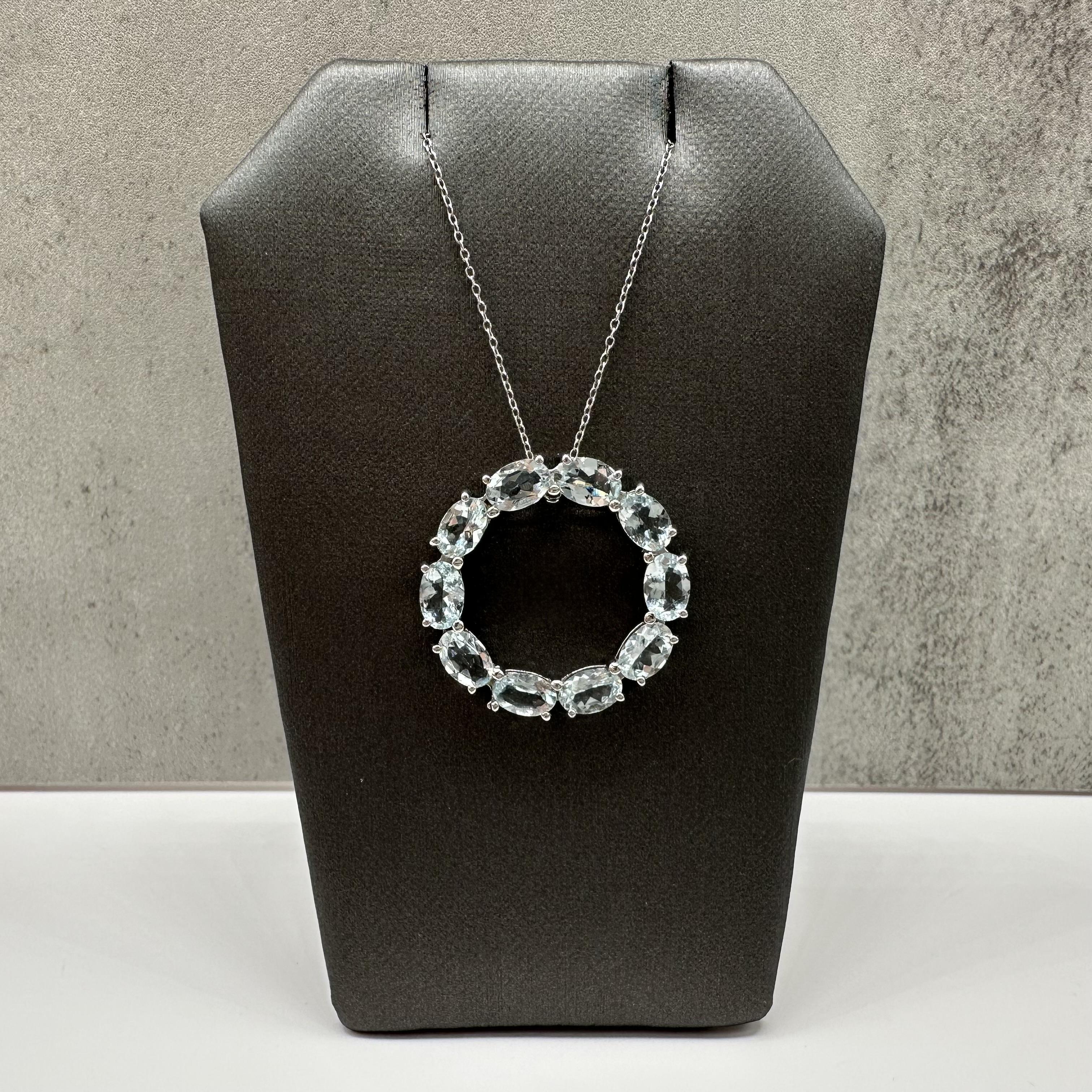 Aquamarine Circle Necklace Sterling Silver Oval 18in New