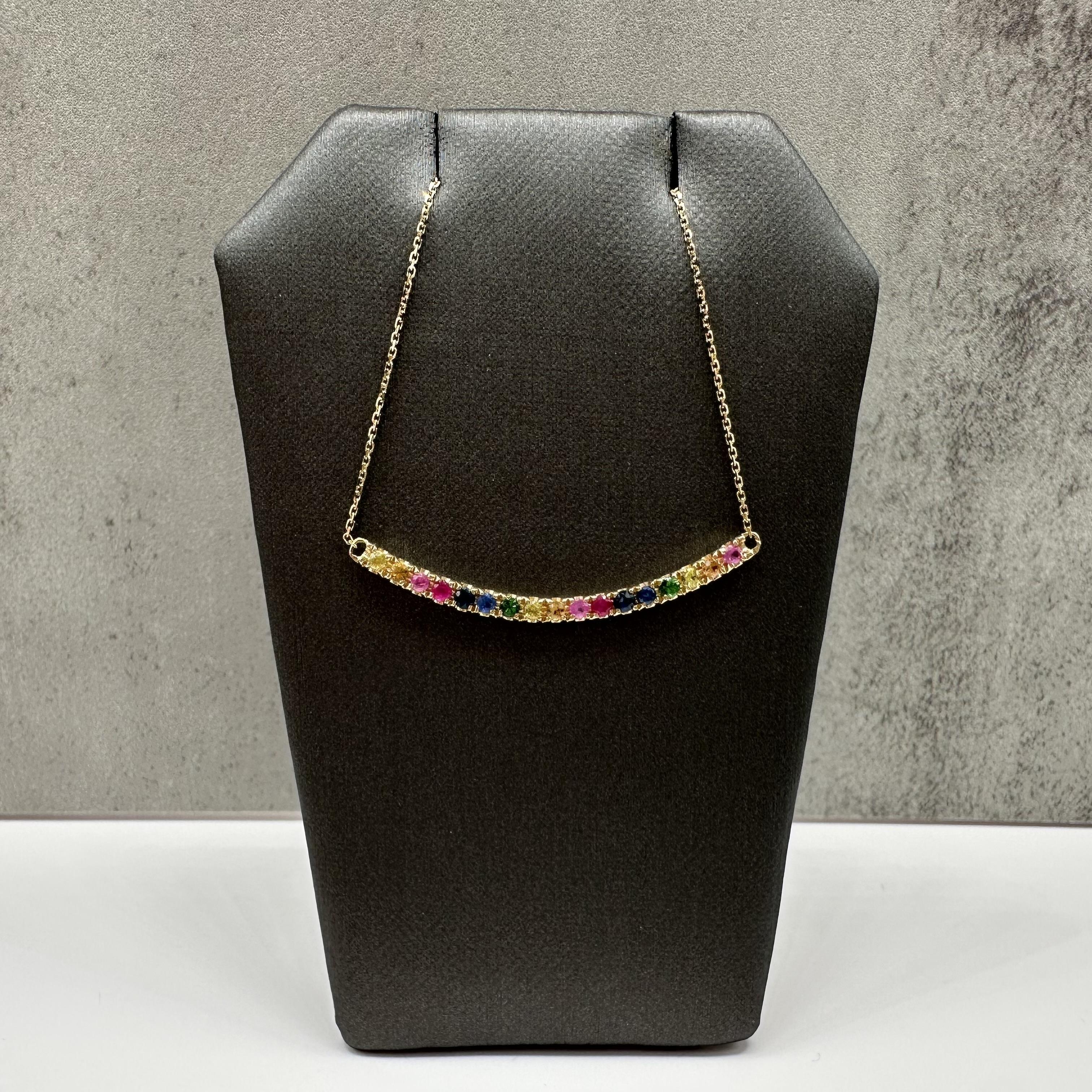 Rainbow Gemstone Bar Necklace 14kt Yellow Gold 0.72ctw Adjustable New