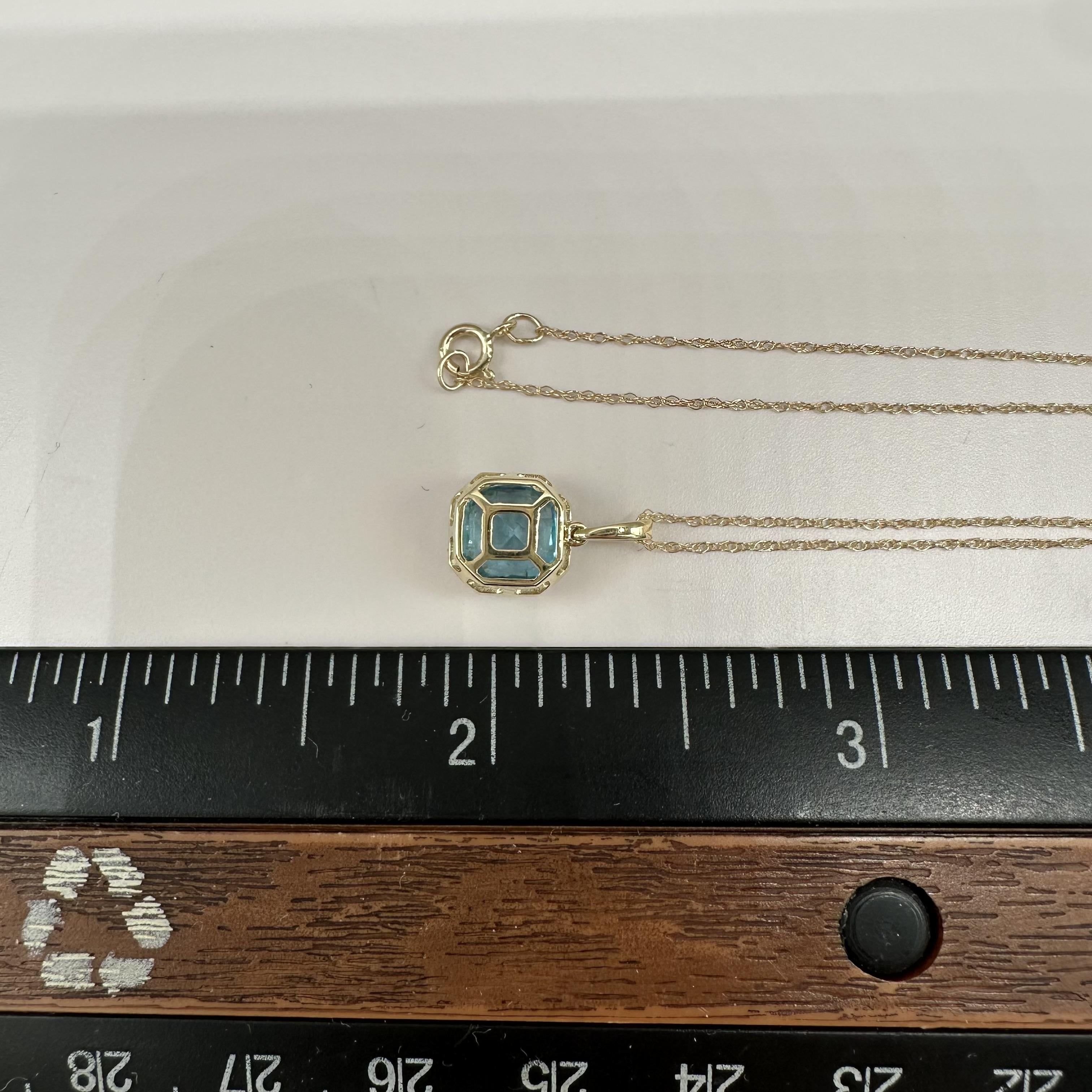 Blue Topaz Claw Set Necklace 10kt Yellow Gold 1.70ctw Cushion New