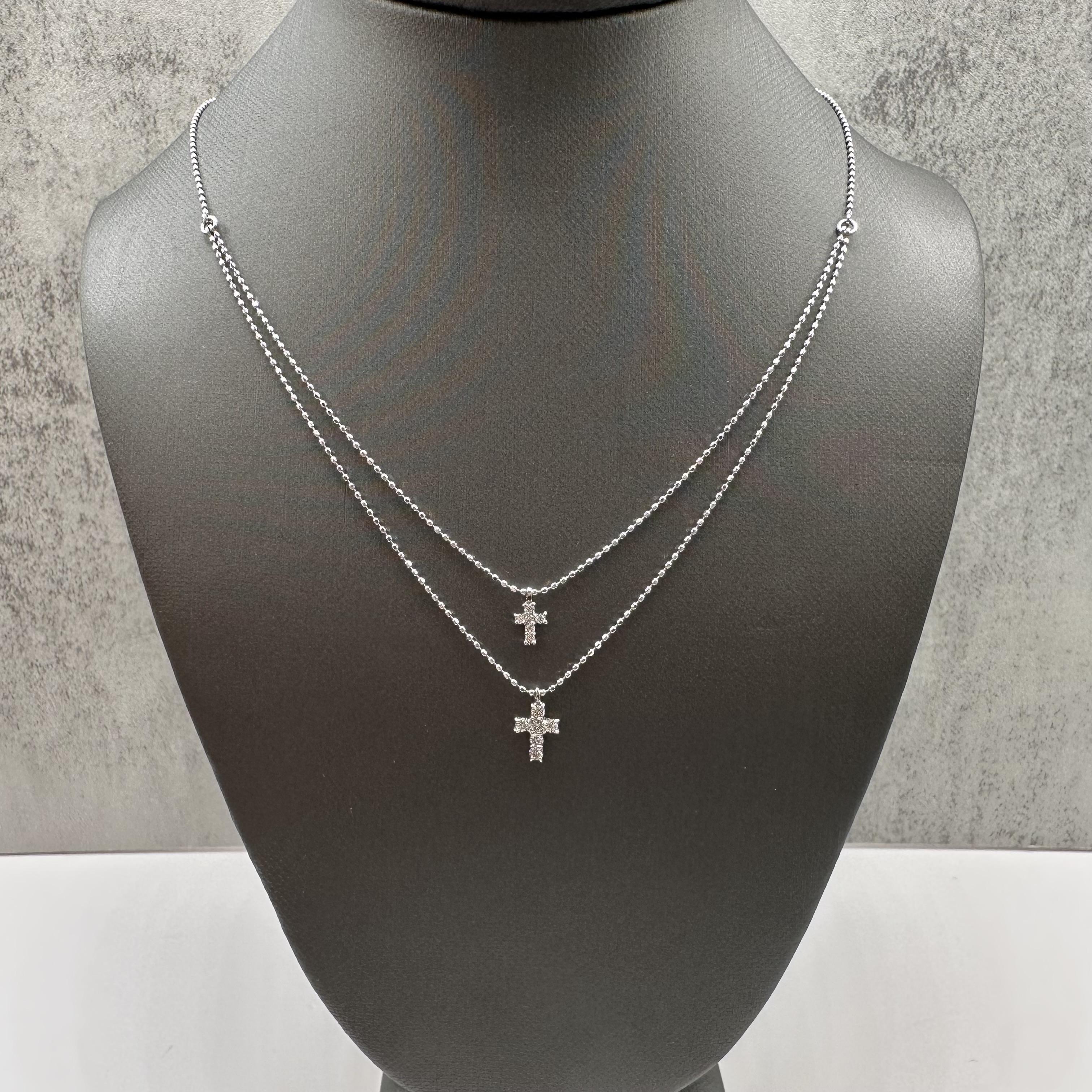 Diamond Double Cross Layering Necklace 18kt White Gold 0.20ctw New