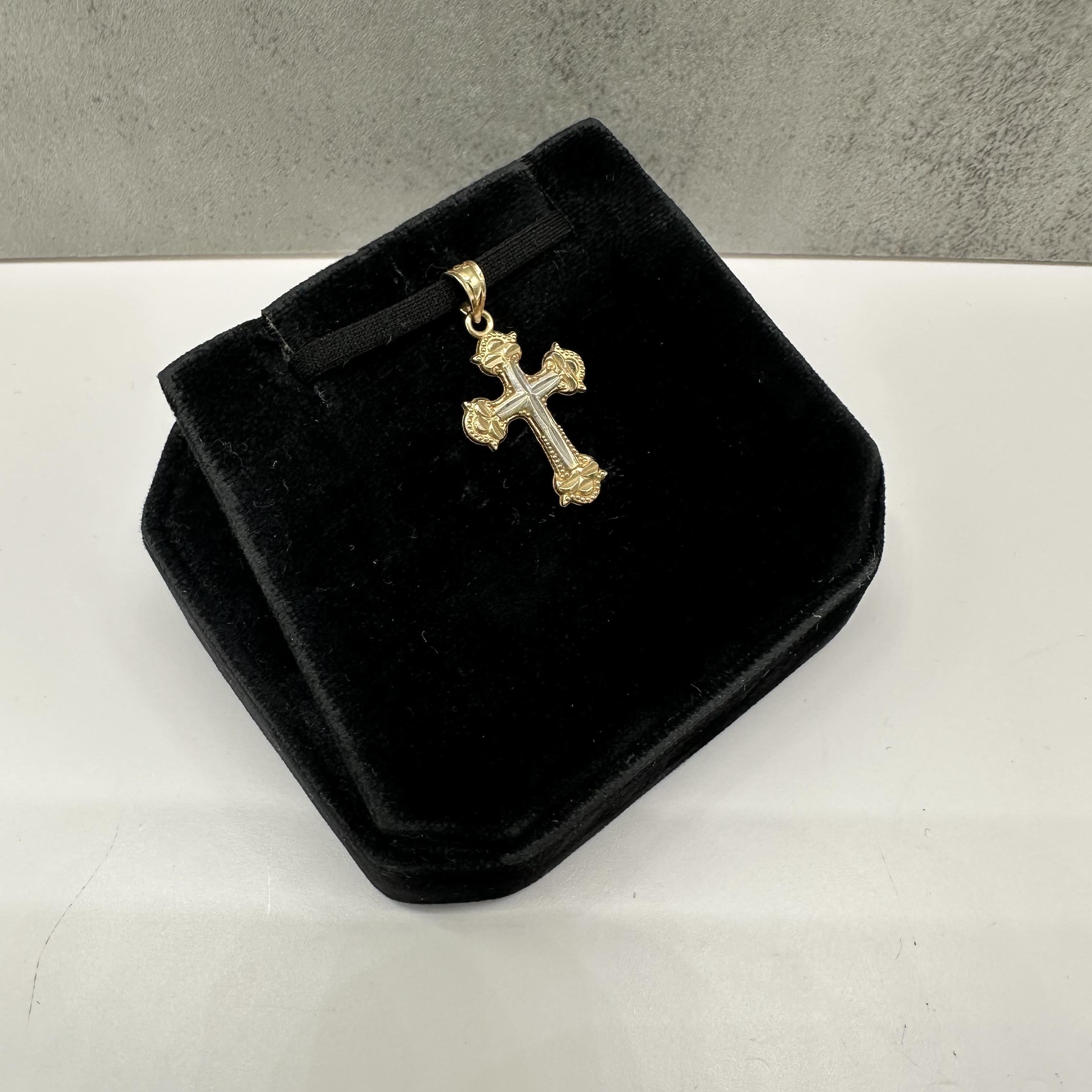 Two Tone Gold Cross Pendant 14kt Yellow Gold Estate Small Bail