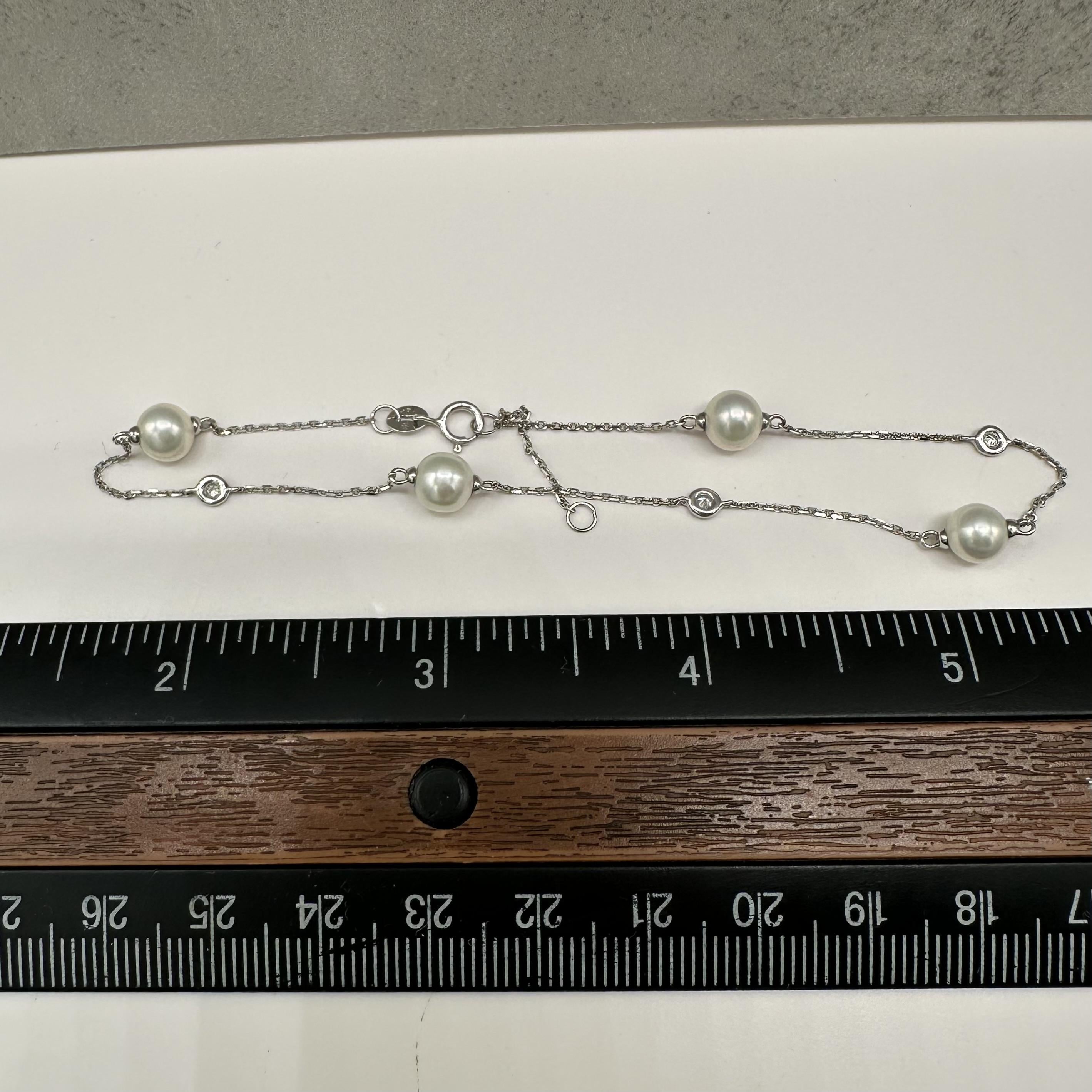 Pearl Diamond Station Anklet 14kt White Gold Adjustable 9 10in New
