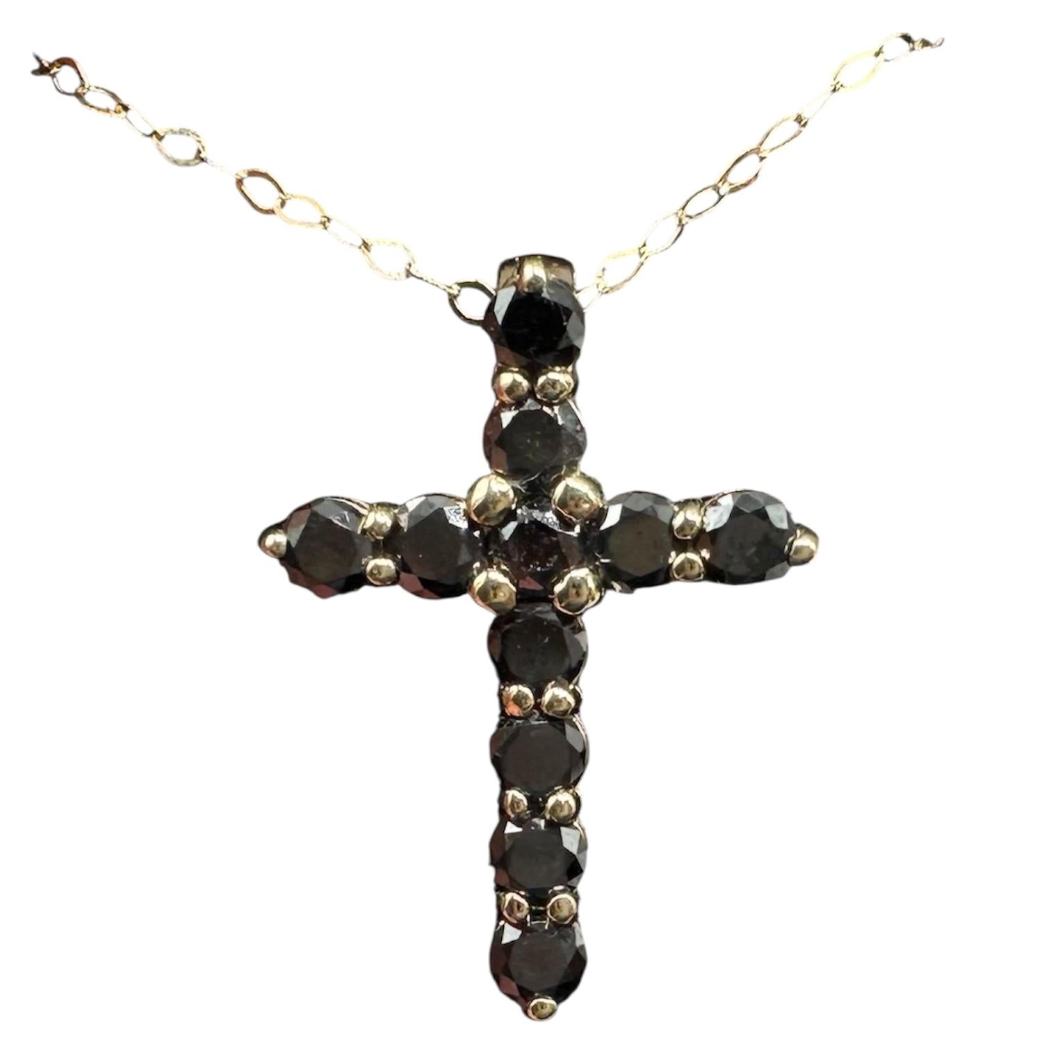 Black Diamond Cross Necklace in 14kt Yellow Gold – 0.86ctw, 18in, New