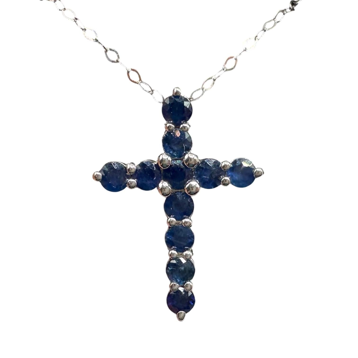 Blue Sapphire Cross Necklace in 14kt White Gold – 0.88ctw, 18in, New