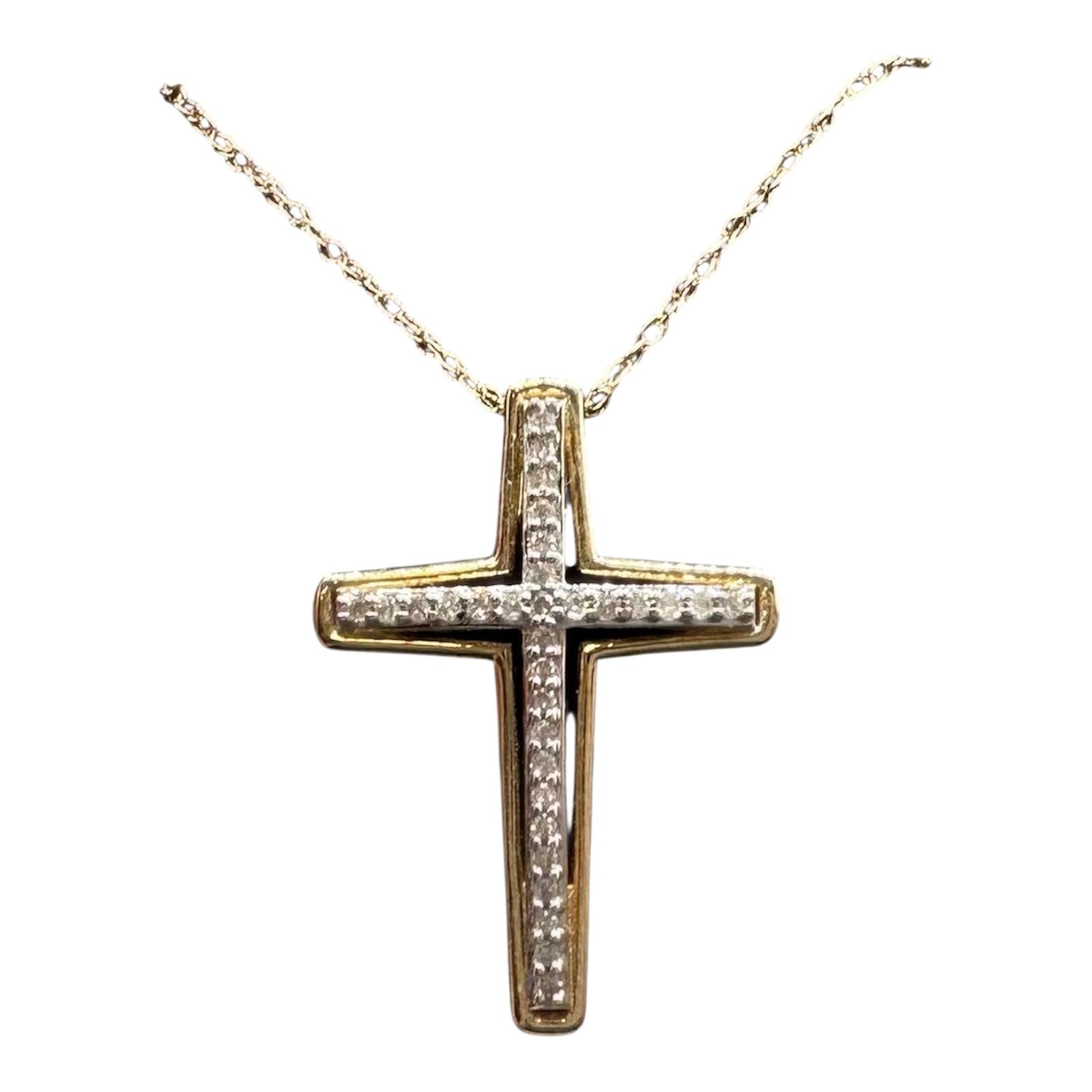 Diamond Cross Necklace in 10kt Yellow Gold – 0.12ctw, 18in, New