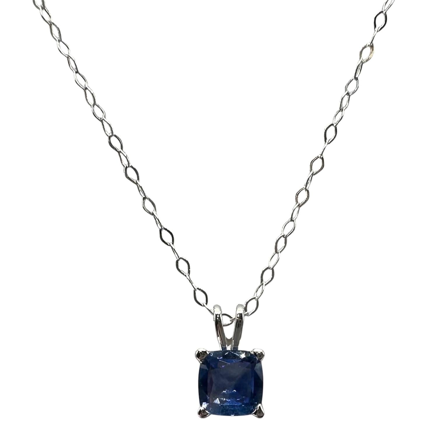 Cushion Cut Ceylon Blue Sapphire Necklace in 14kt White Gold – 0.95ct, 18in, New