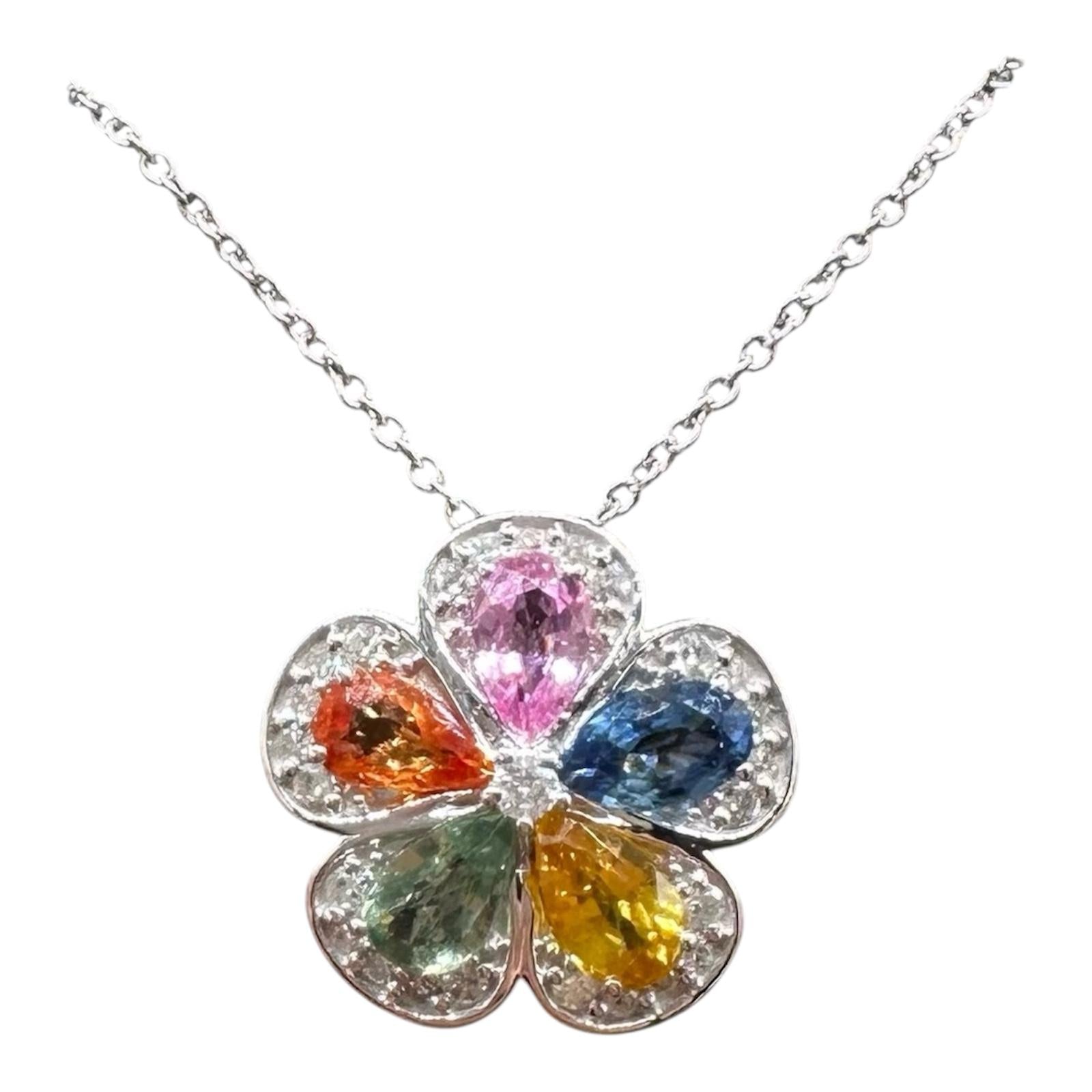 14K White Gold Multicolor Sapphire Diamond Flower Necklace 1.50ctw 18 Inch