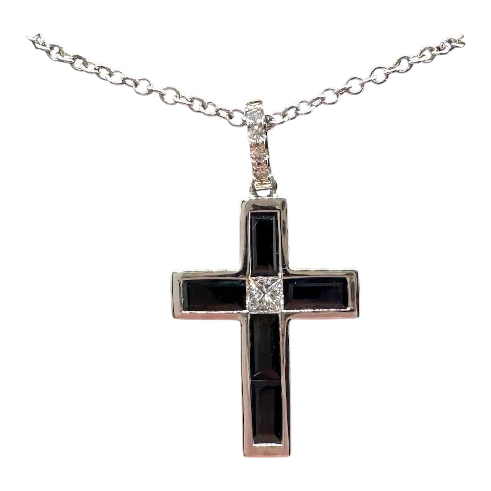 Effy 14K White Gold Sapphire Diamond Cross Necklace 0.78ct 18in