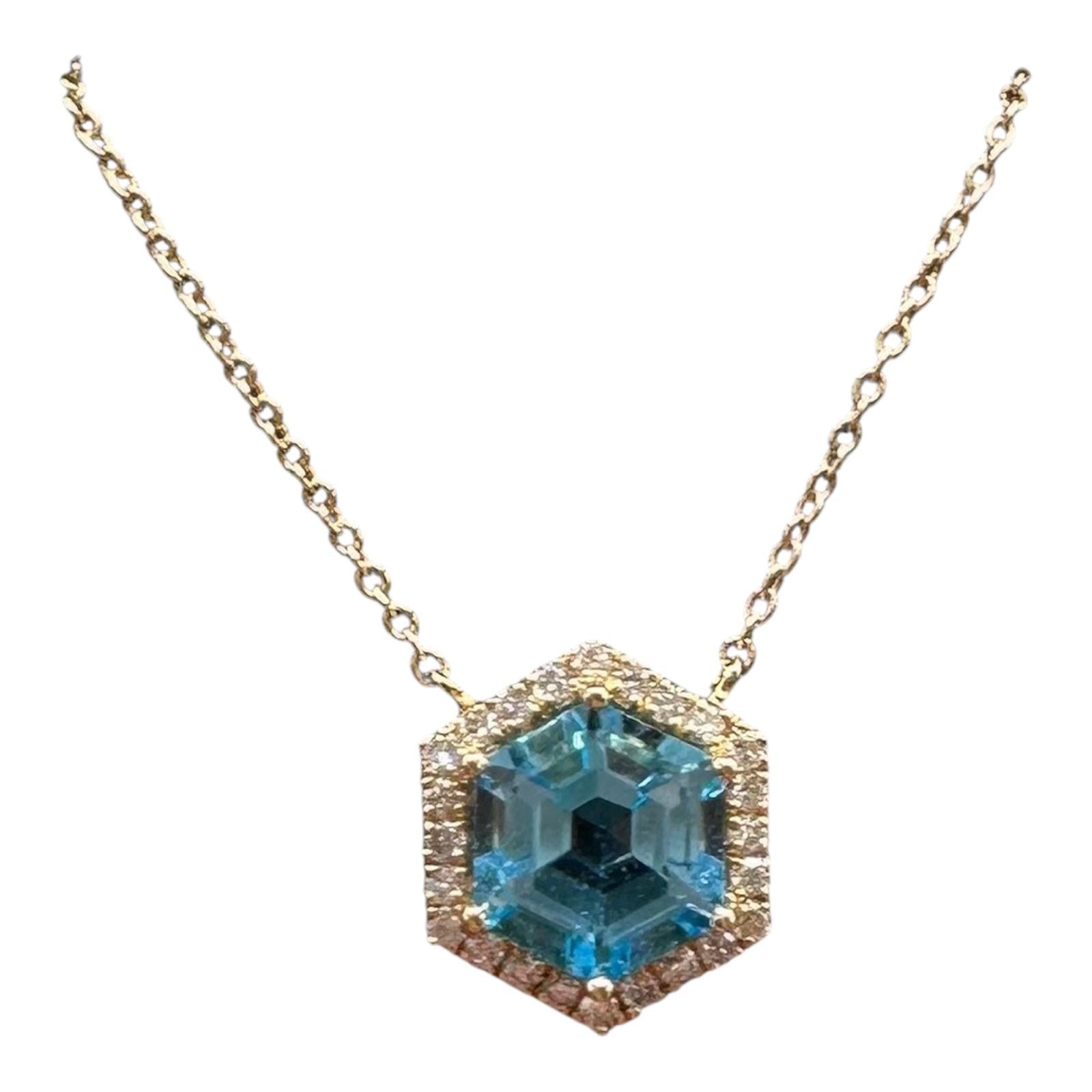 14K Yellow Gold Blue Topaz Diamond Necklace 1.62ct GH SI 18in