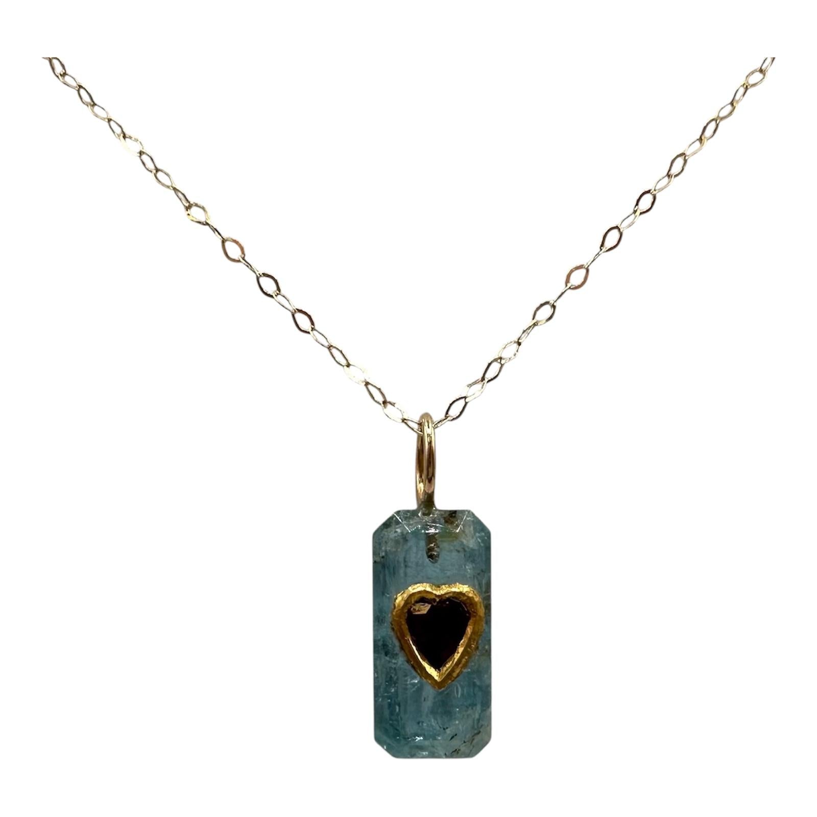 Aquamarine and Garnet Pendant Necklace in Yellow Gold